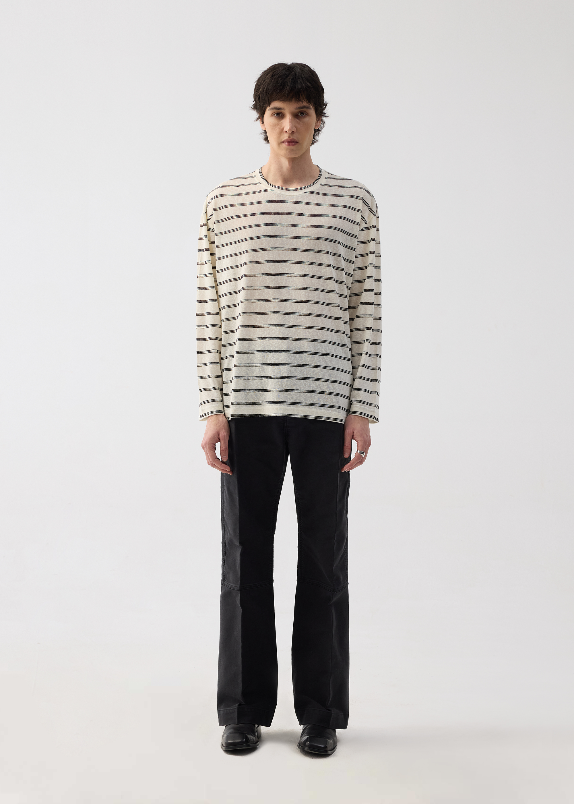 Basic Long-Sleeve Striped T-Shirt Beige