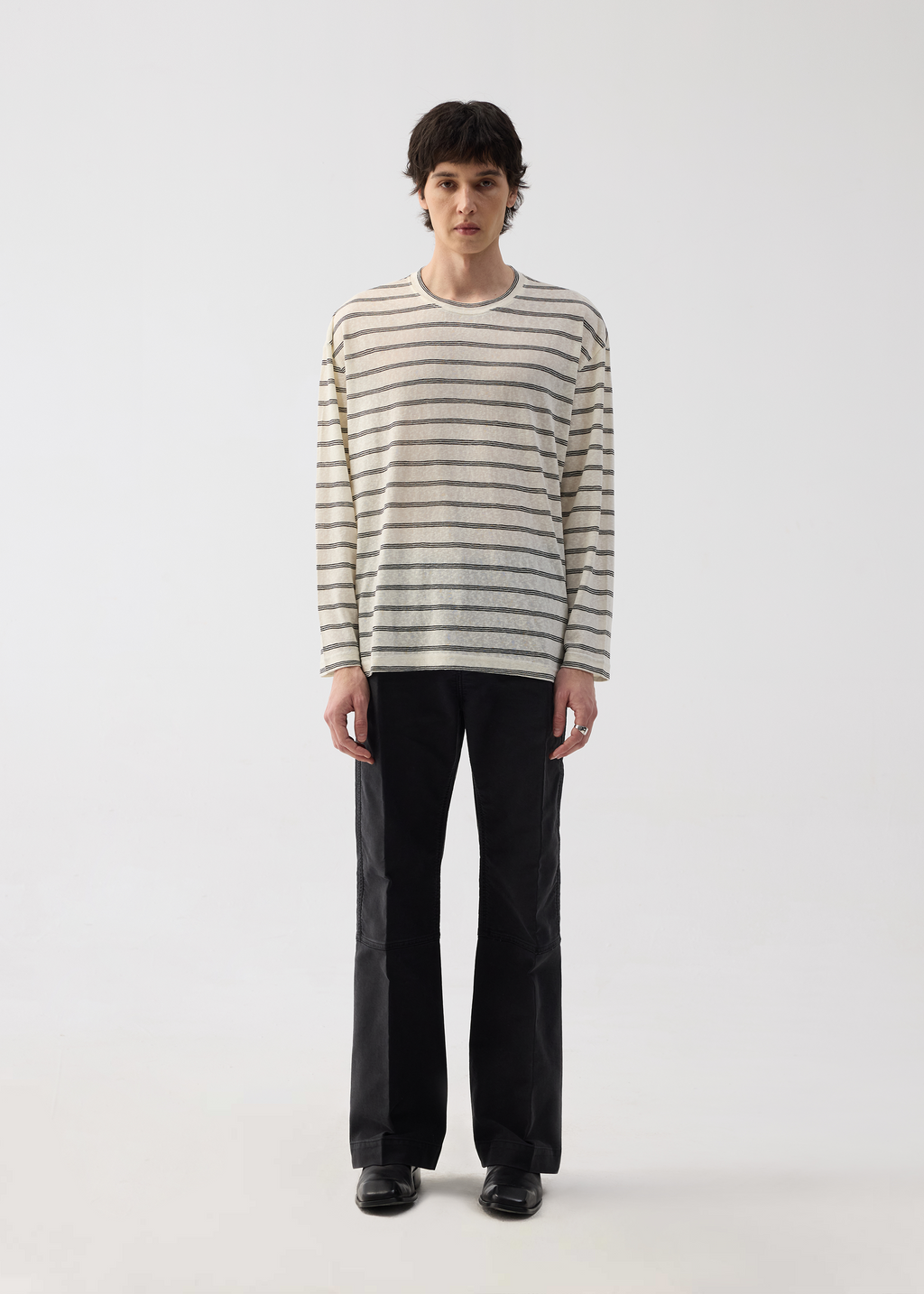 Basic Long-Sleeve Striped T-Shirt Beige