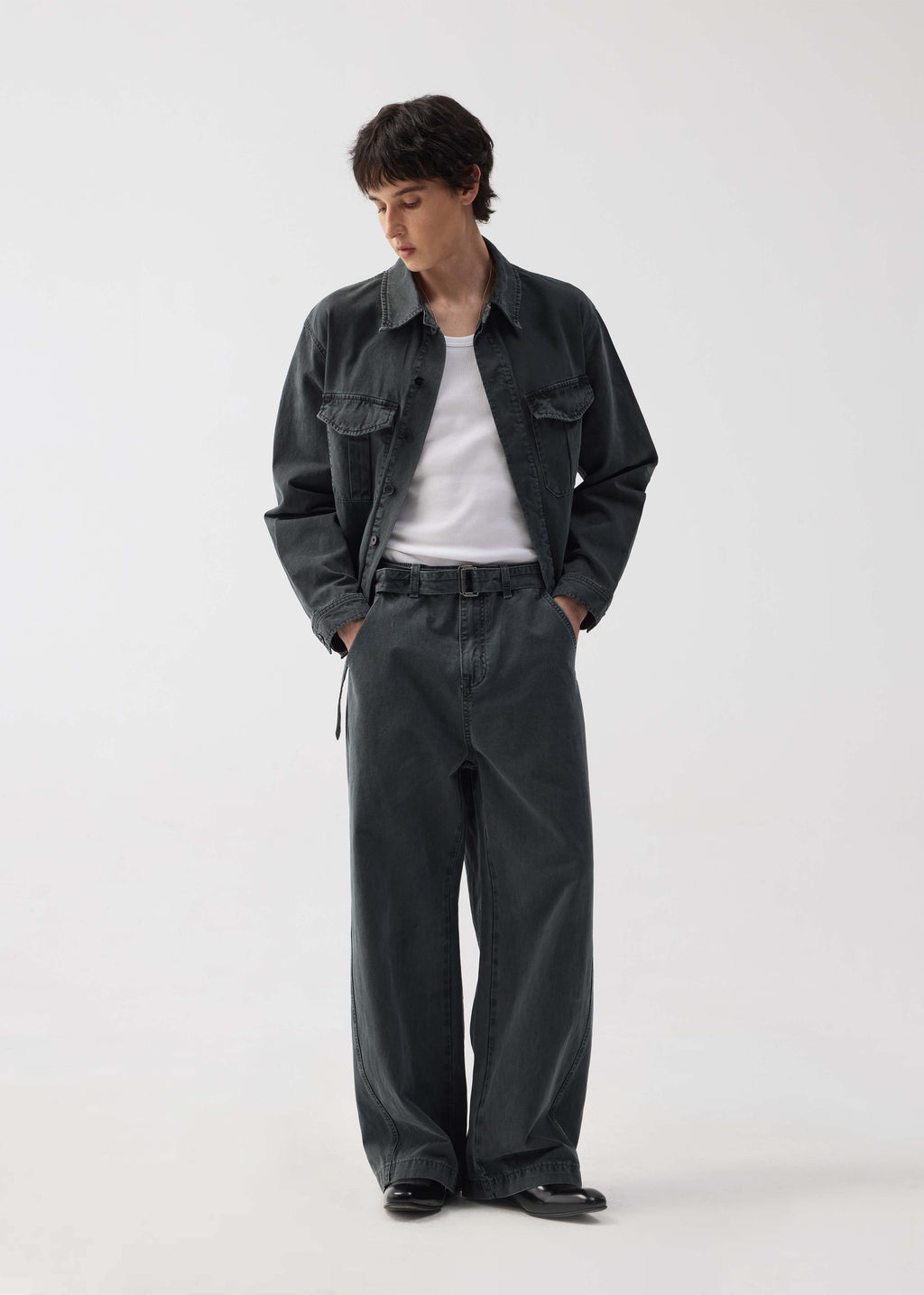 Washed Twill Denim Jeans with Belt Dark Green
