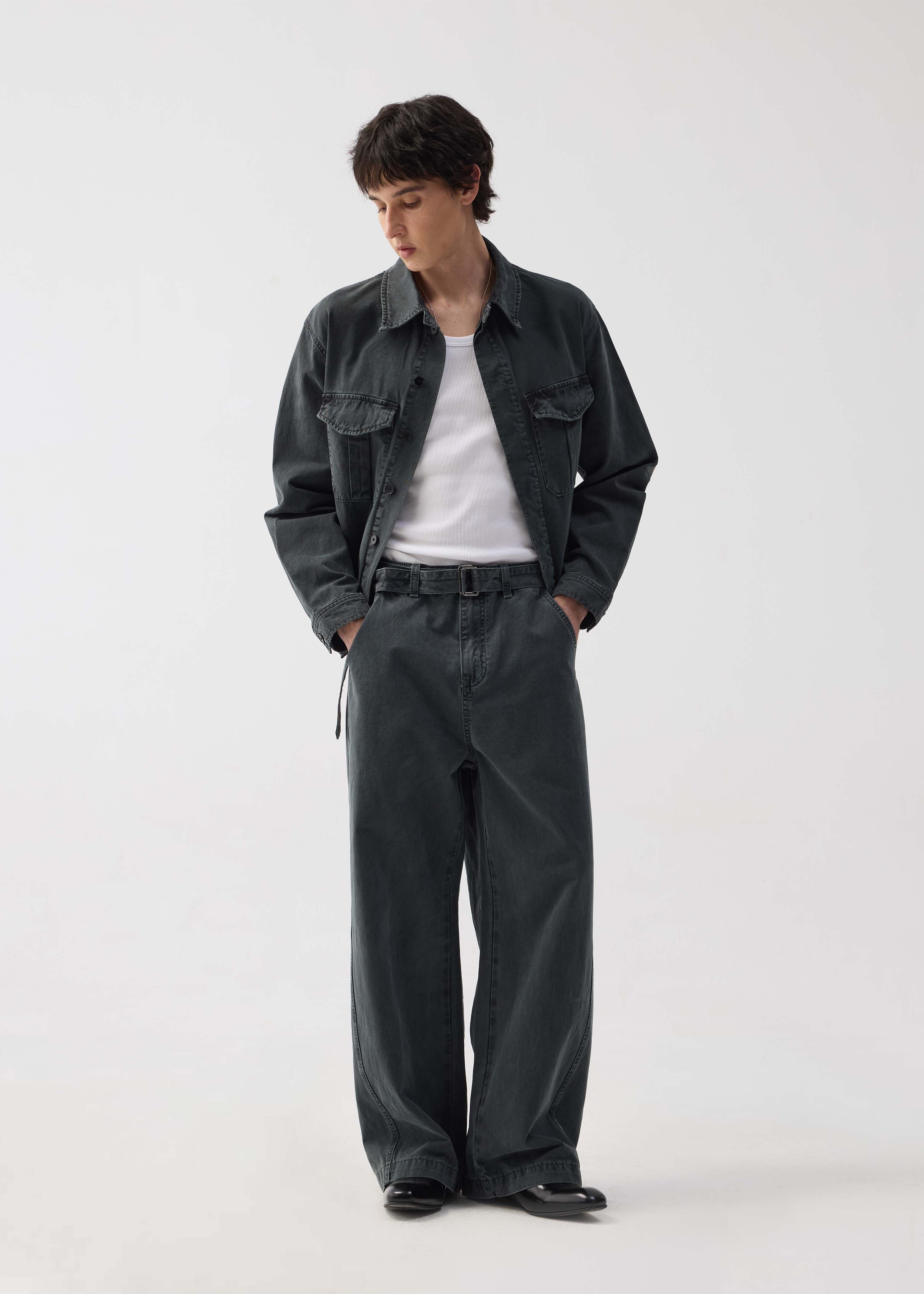 Washed Twill Denim Jeans with Belt Dark Green