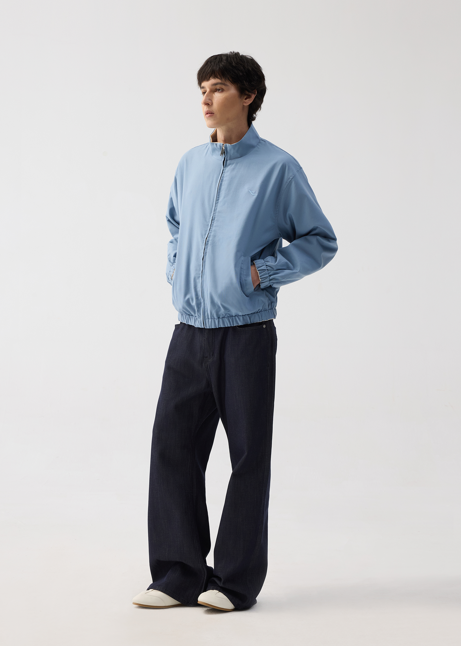 Khaki/Blue Reversible Color-block Linen-Blend High-Neck Jacket