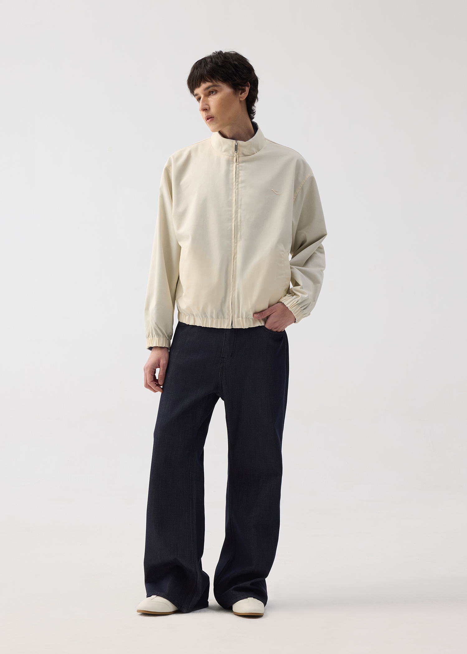 Khaki/Blue Reversible Color-block Linen-Blend High-Neck Jacket