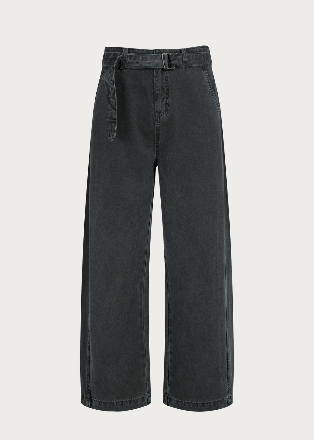 Washed Twill Denim Jeans with Belt Dark Green