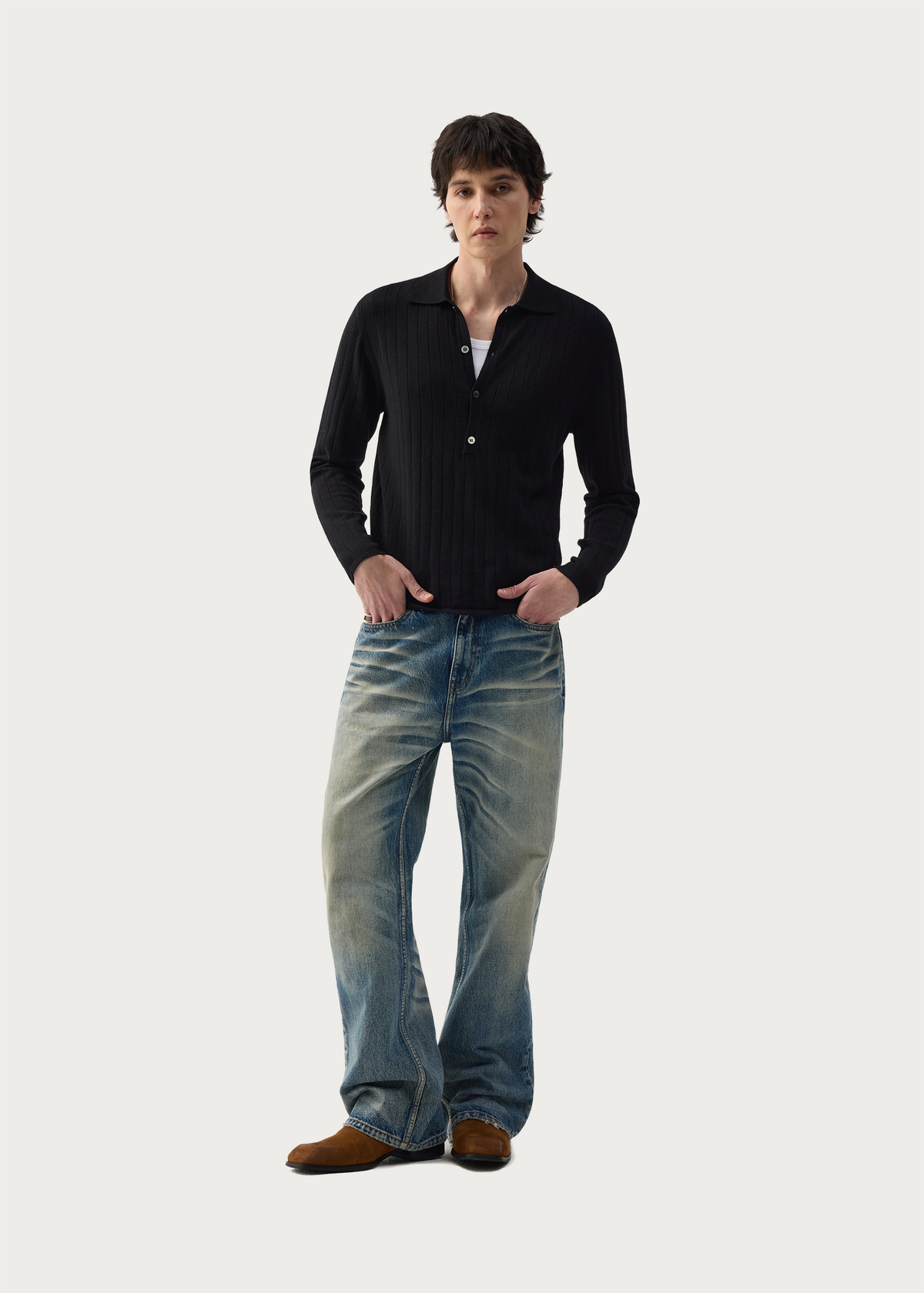 Half-placket long-sleeve knit polo shirt