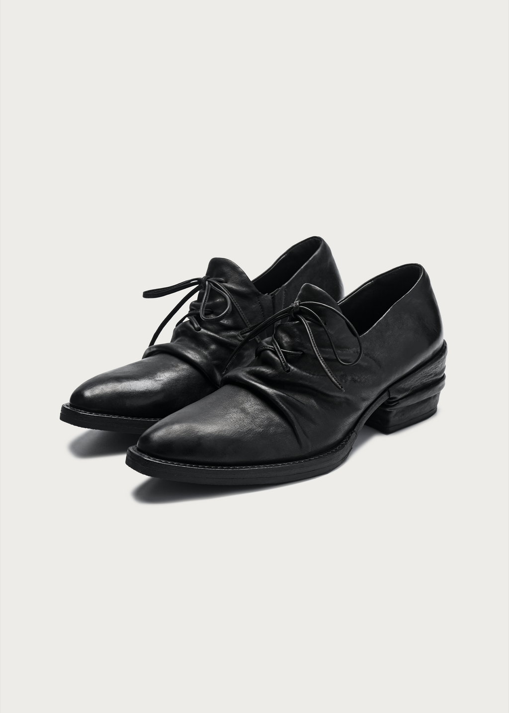 Roux Ruched Distressed Leather Derby Shoes Black