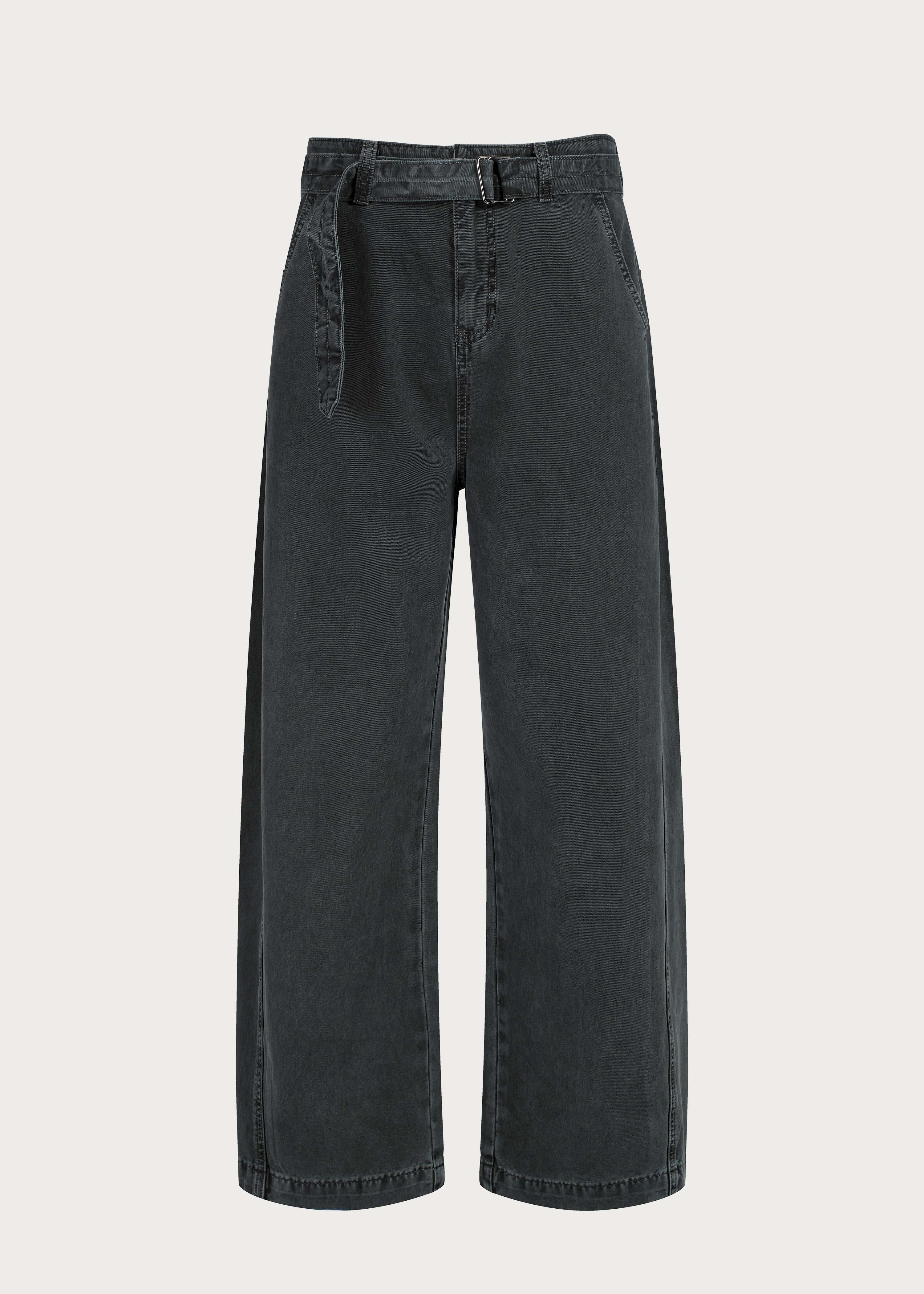 Washed Twill Denim Jeans with Belt Dark Green