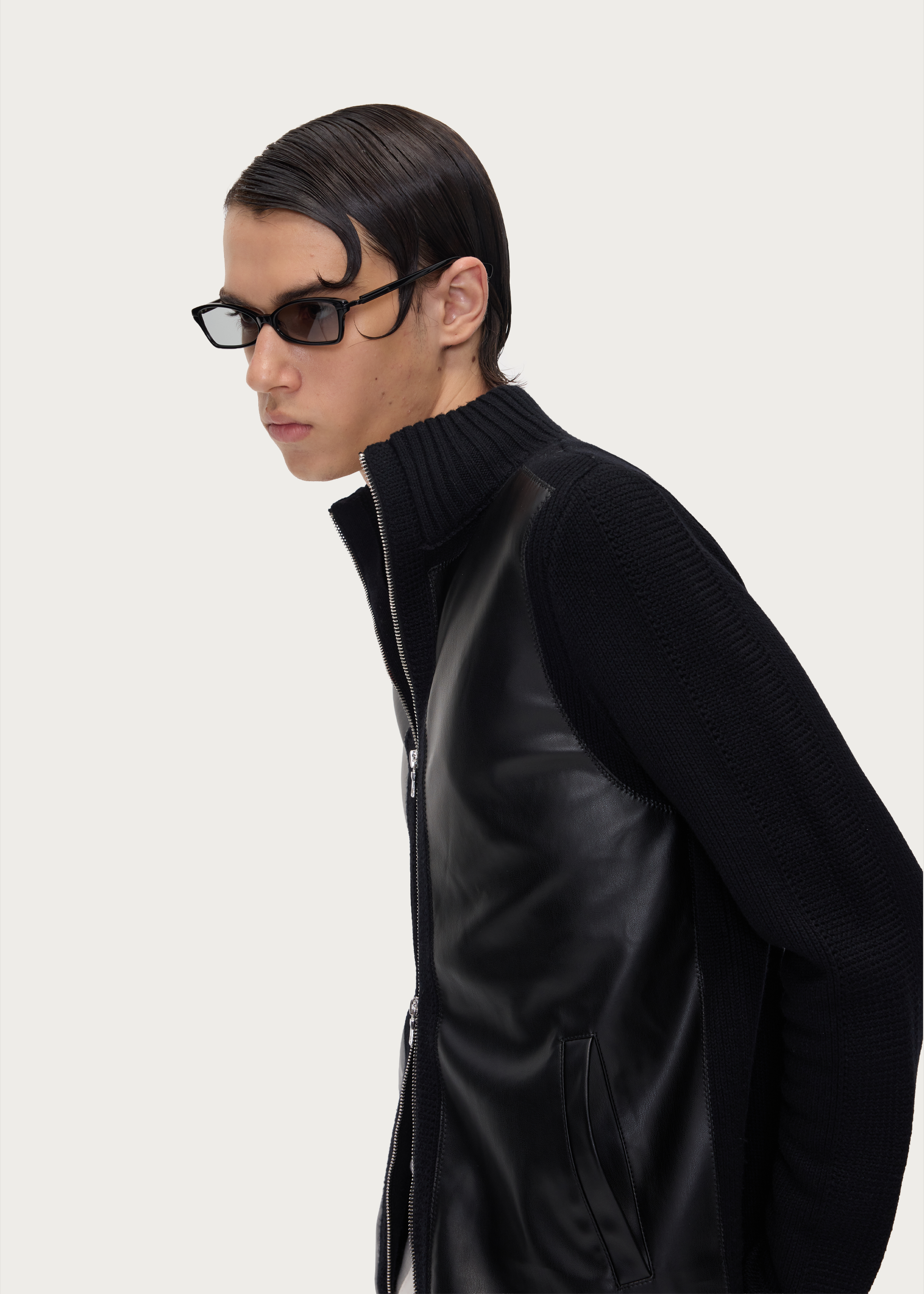 Mercerized Wool and Leather-Look Knit Panel Jacket