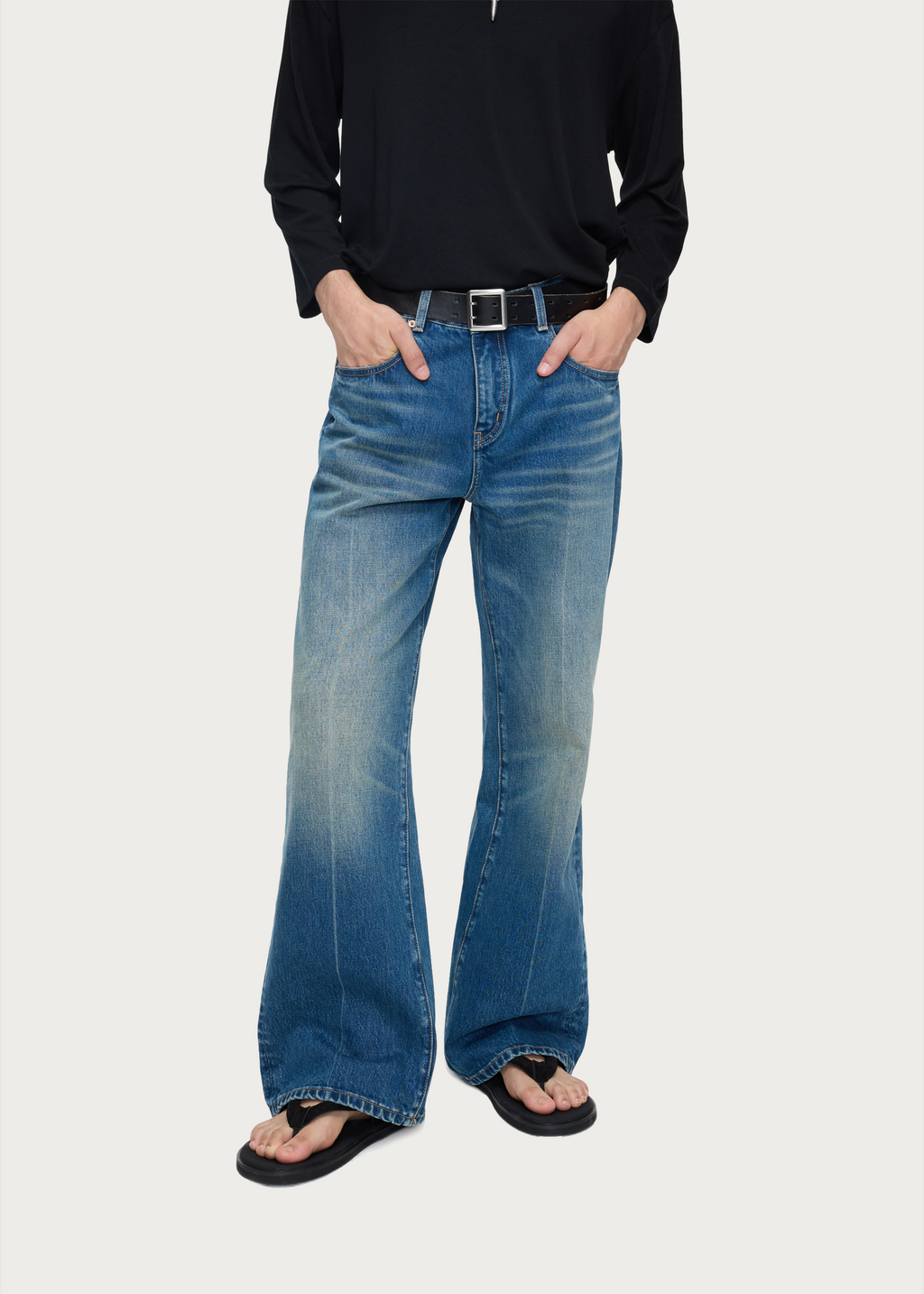 Vintage-wash straight-leg blue jeans