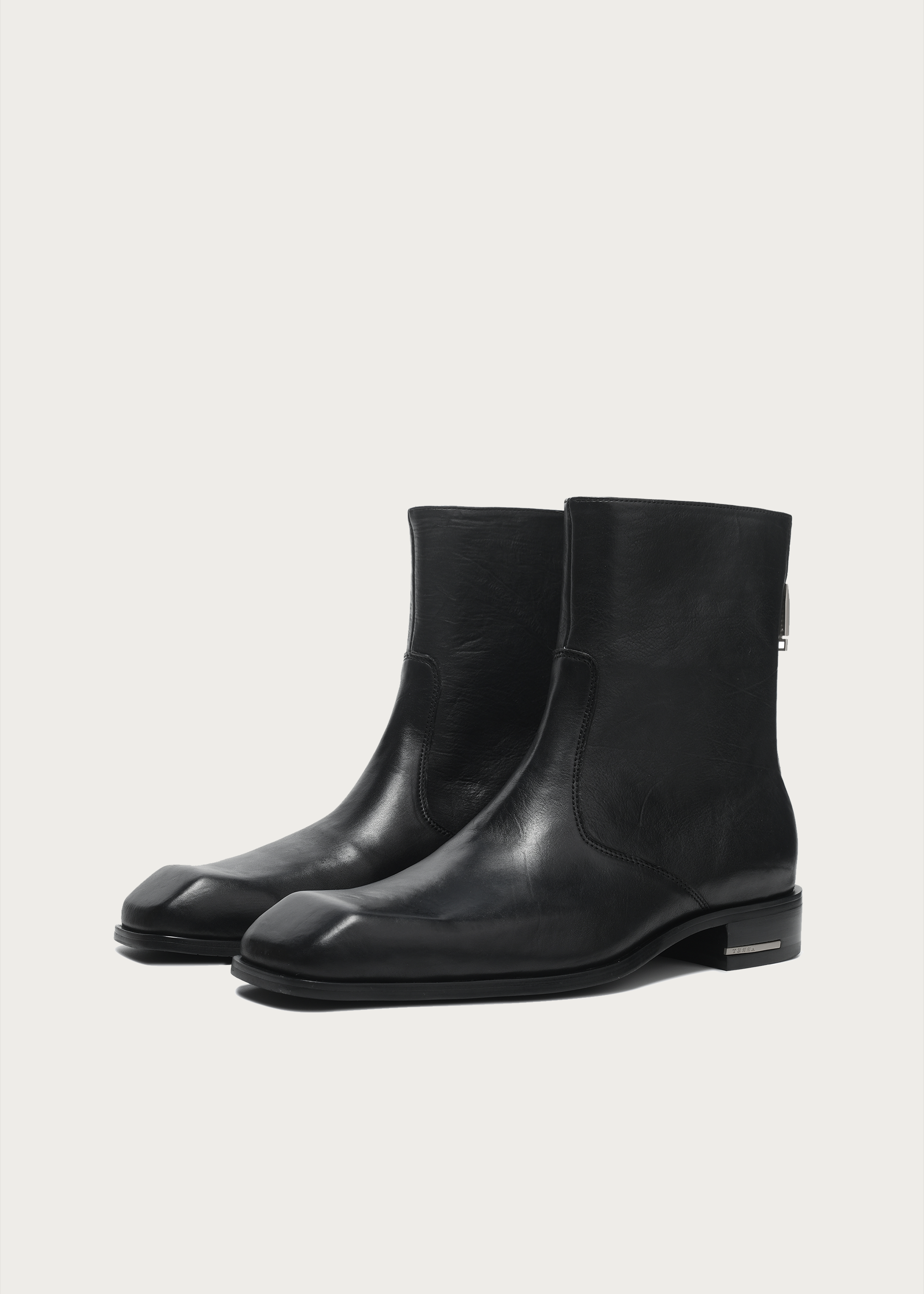 Beveled Square-Toe Horsehide Ankle Boots Black