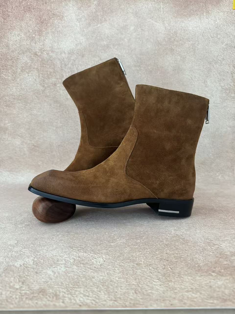 Facet Square-Toe Cowhide Ankle Boots Brown