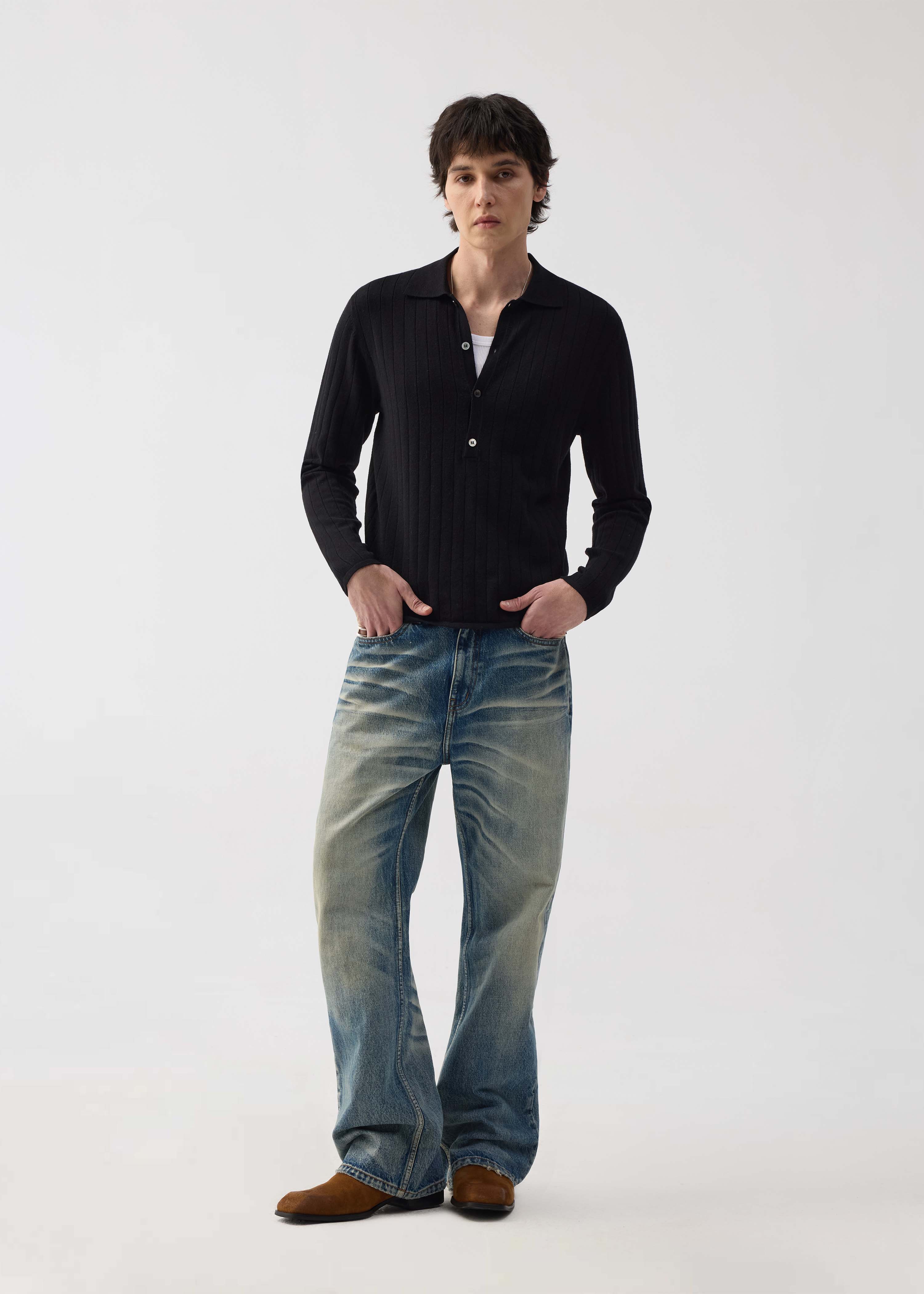 Half-placket long-sleeve knit polo shirt
