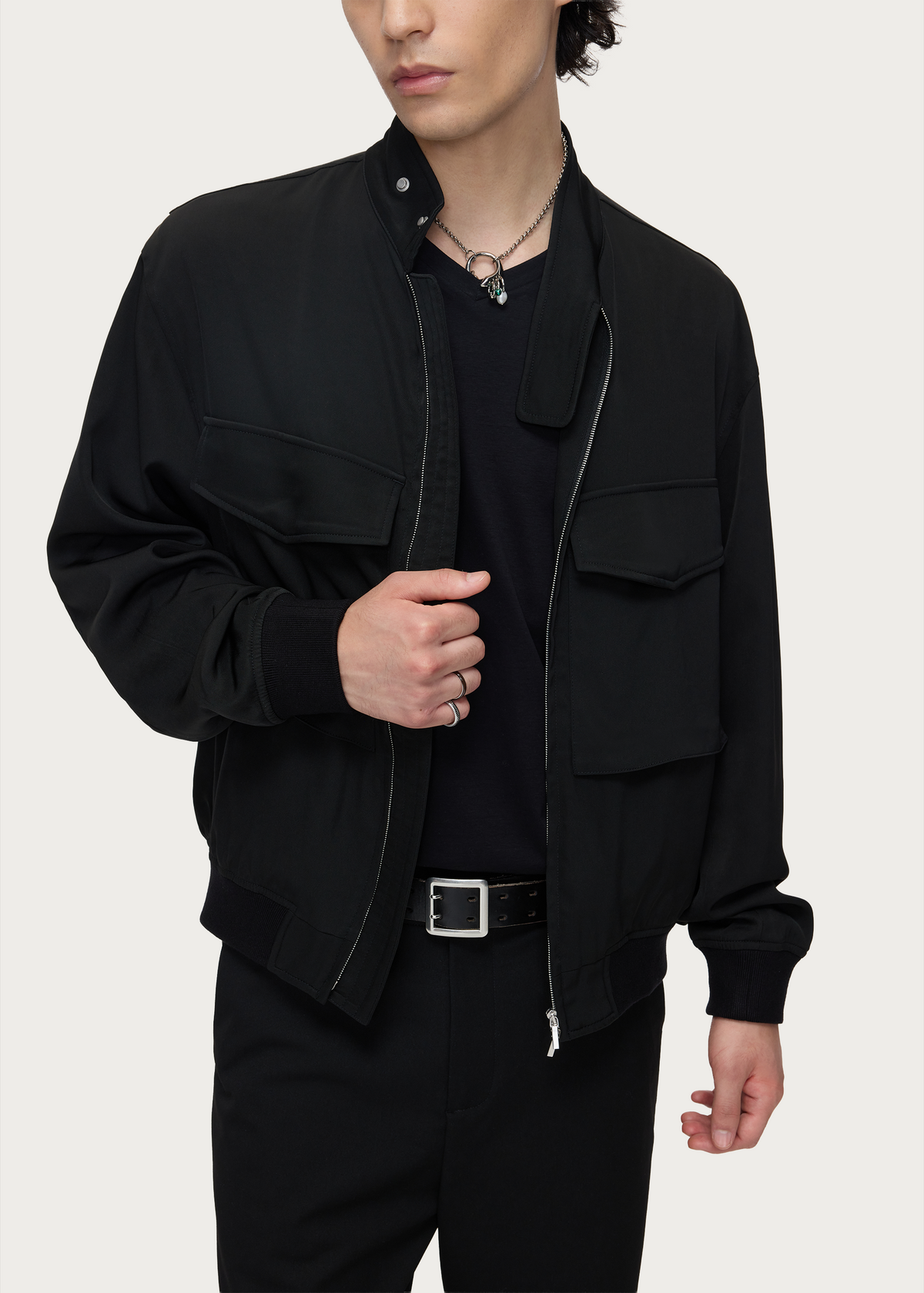 Acetate-Blend Stand-Collar Zip Jacket