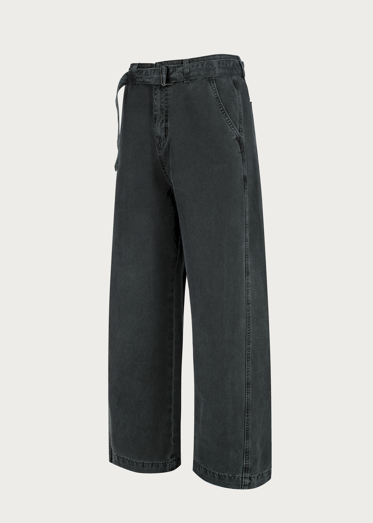 Washed Twill Denim Jeans with Belt Dark Green
