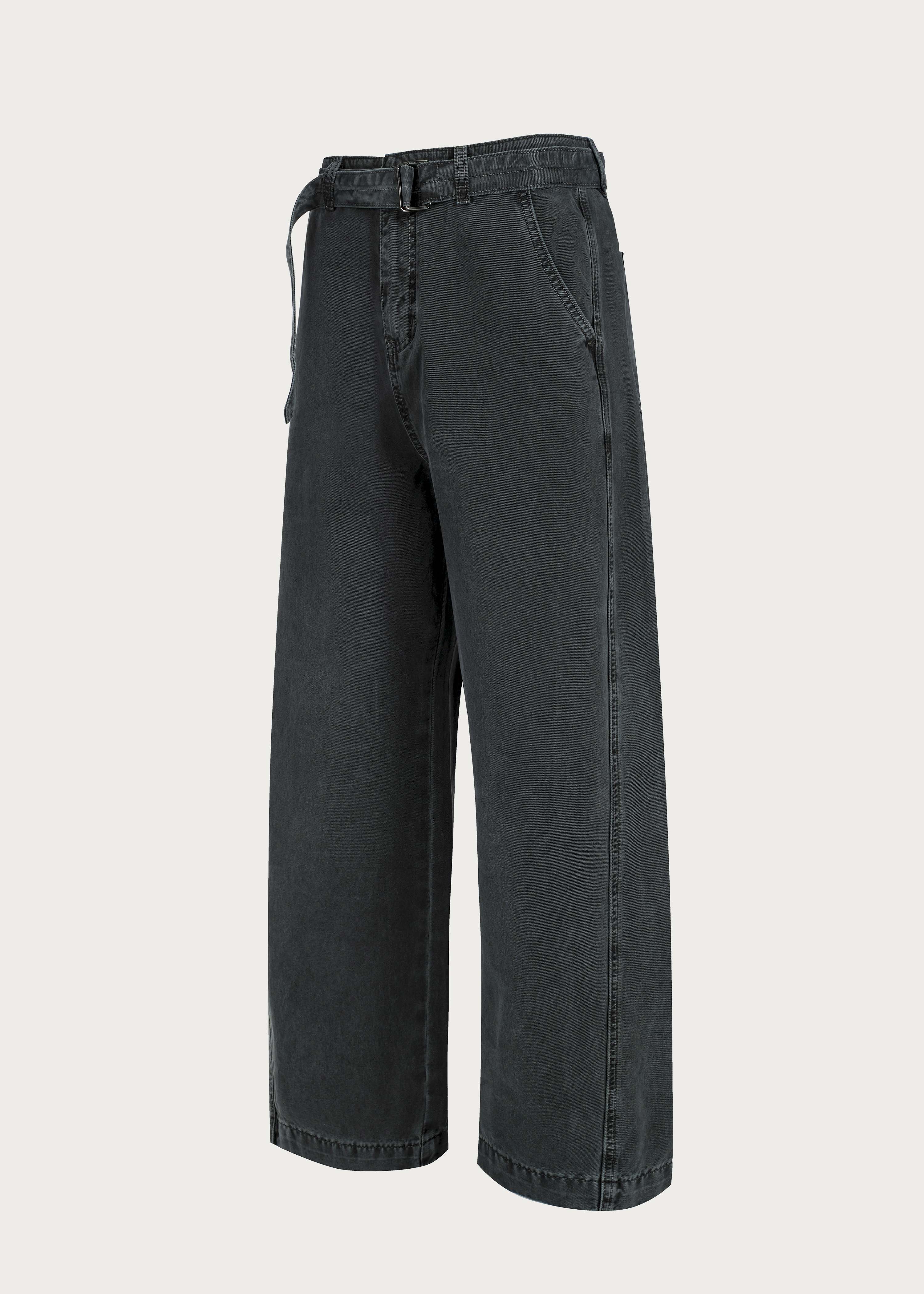 Washed Twill Denim Jeans with Belt Dark Green