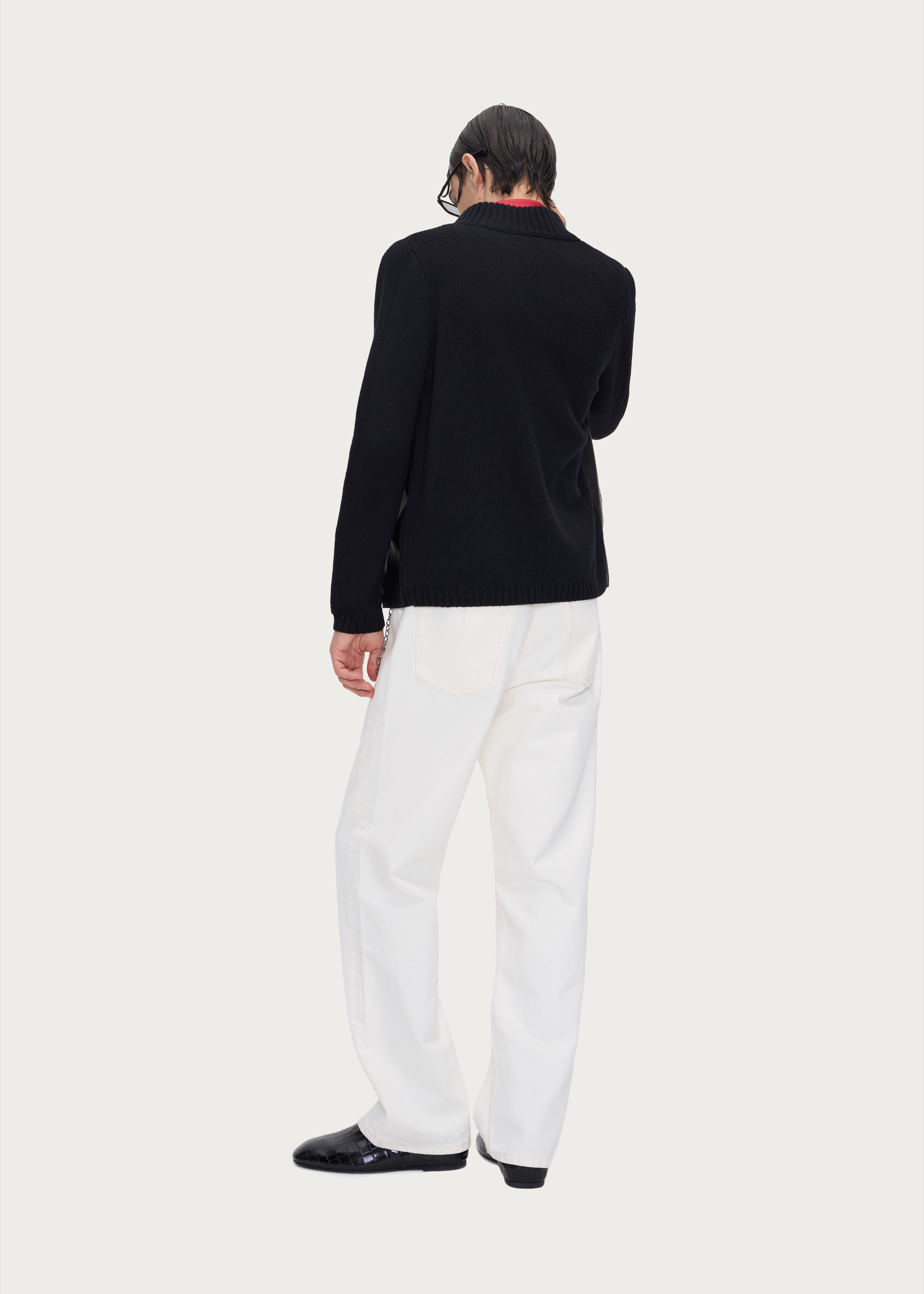 Mercerized Wool and Leather-Look Knit Panel Jacket