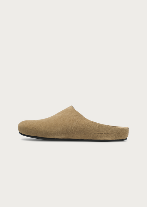 Cloud-Feel Suede Clogs Khaki front view
