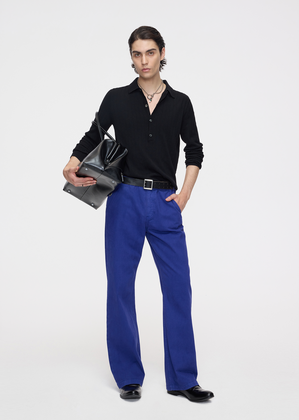 Matte-finish soft-touch straight-leg washed denim utility pants Blue