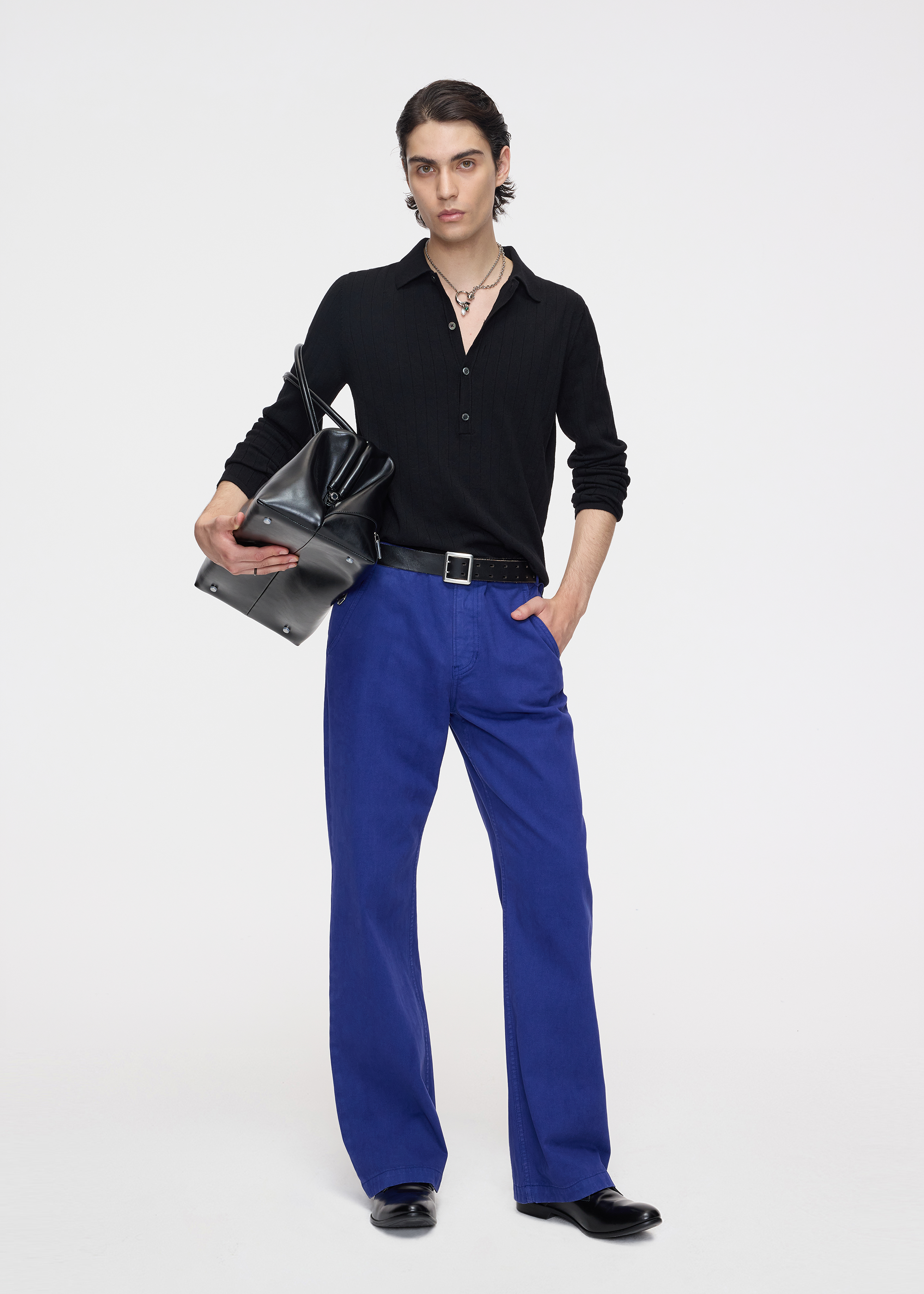 Matte-finish soft-touch straight-leg washed denim utility pants Blue