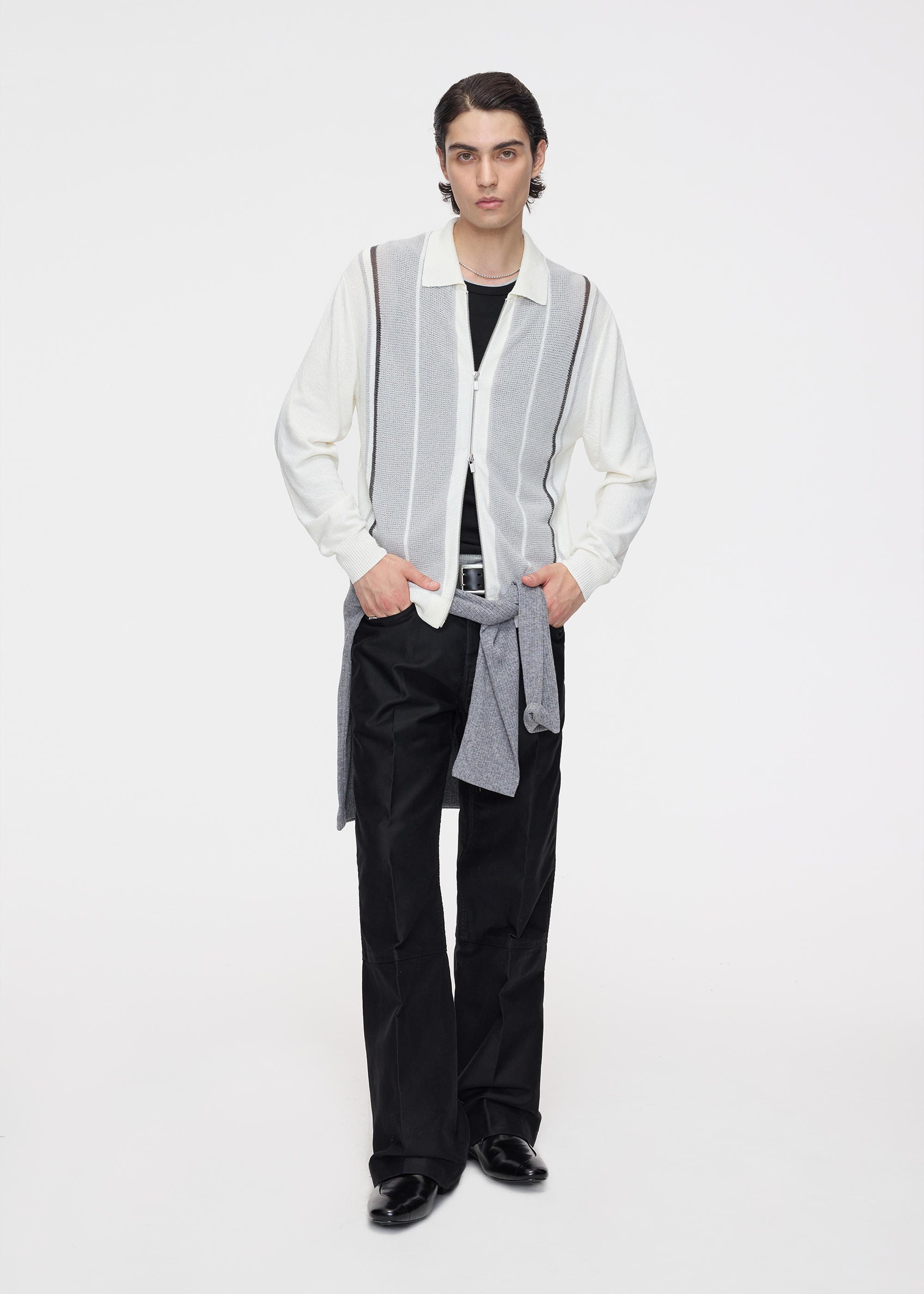 Striped zip-up knit cardigan