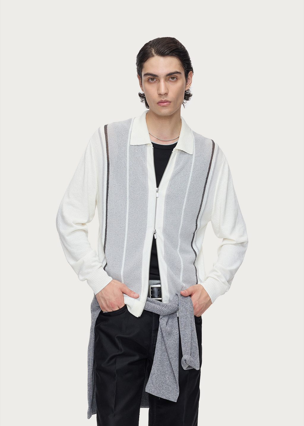 Striped zip-up knit cardigan
