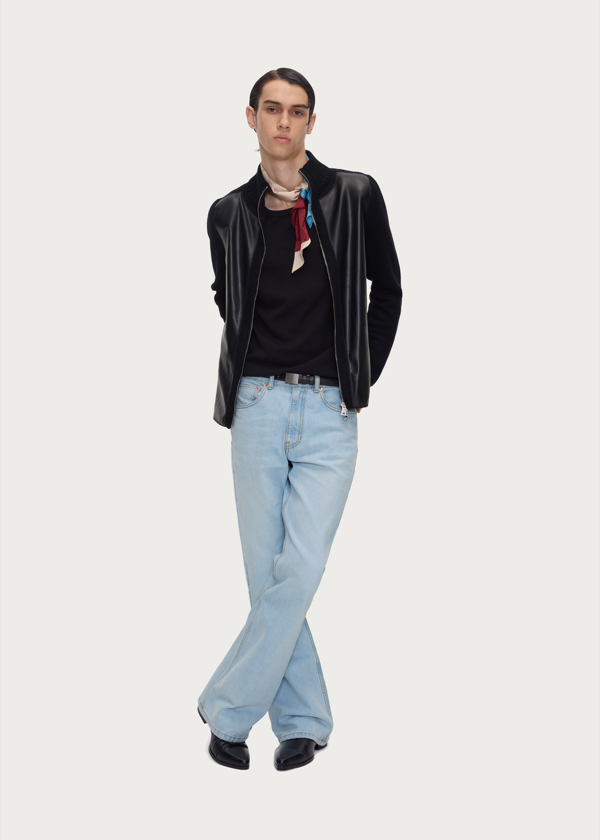 Mercerized Wool and Leather-Look Knit Panel Jacket