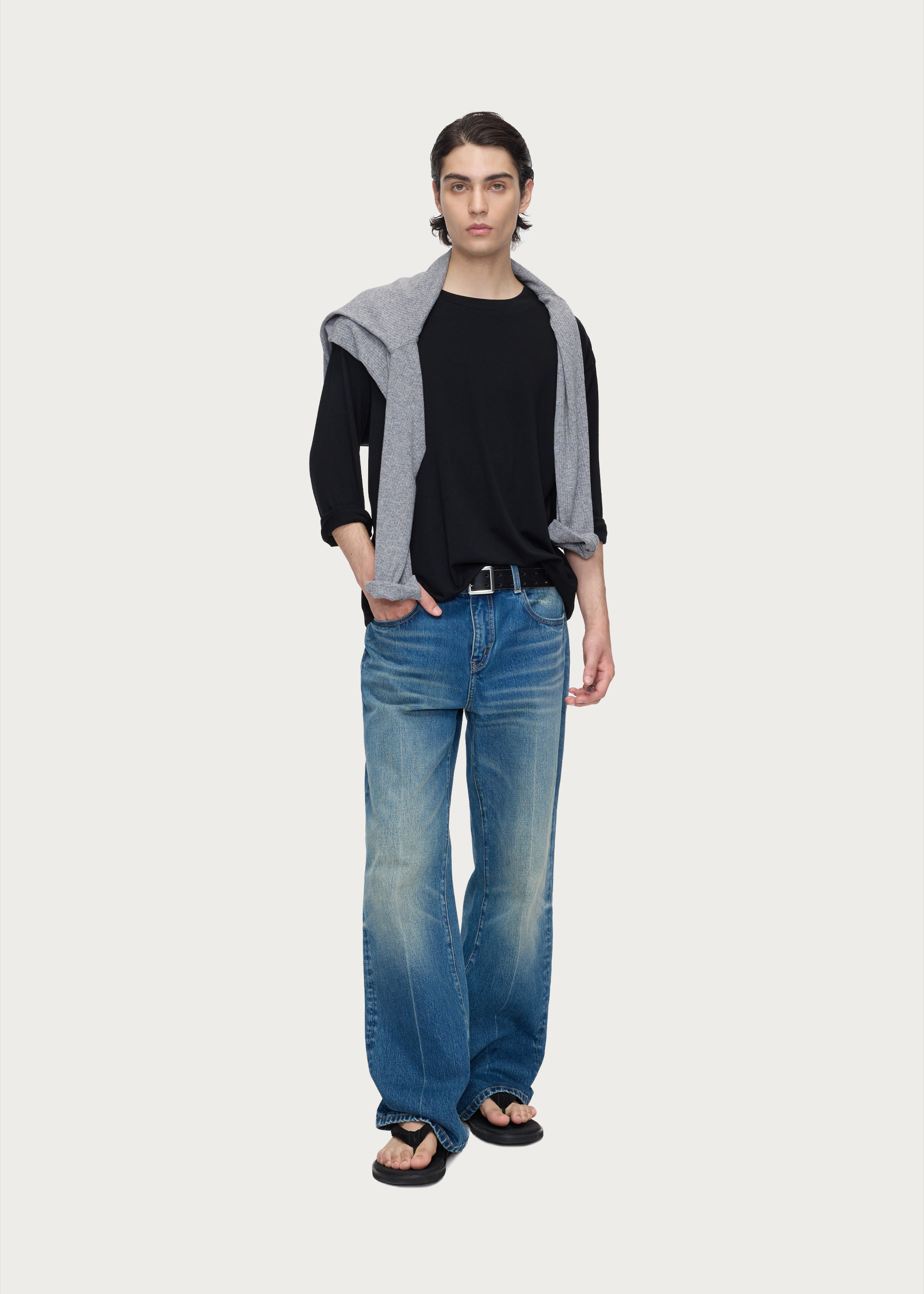 Vintage-wash straight-leg blue jeans