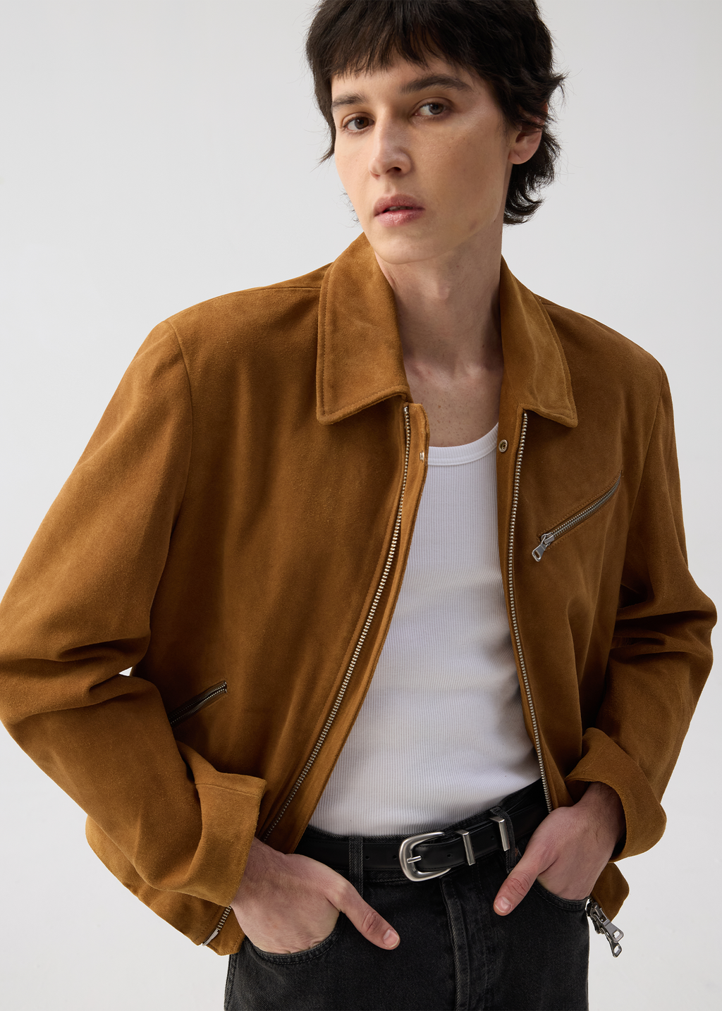 Cowhide Suede Zip-Up Leather Jacket