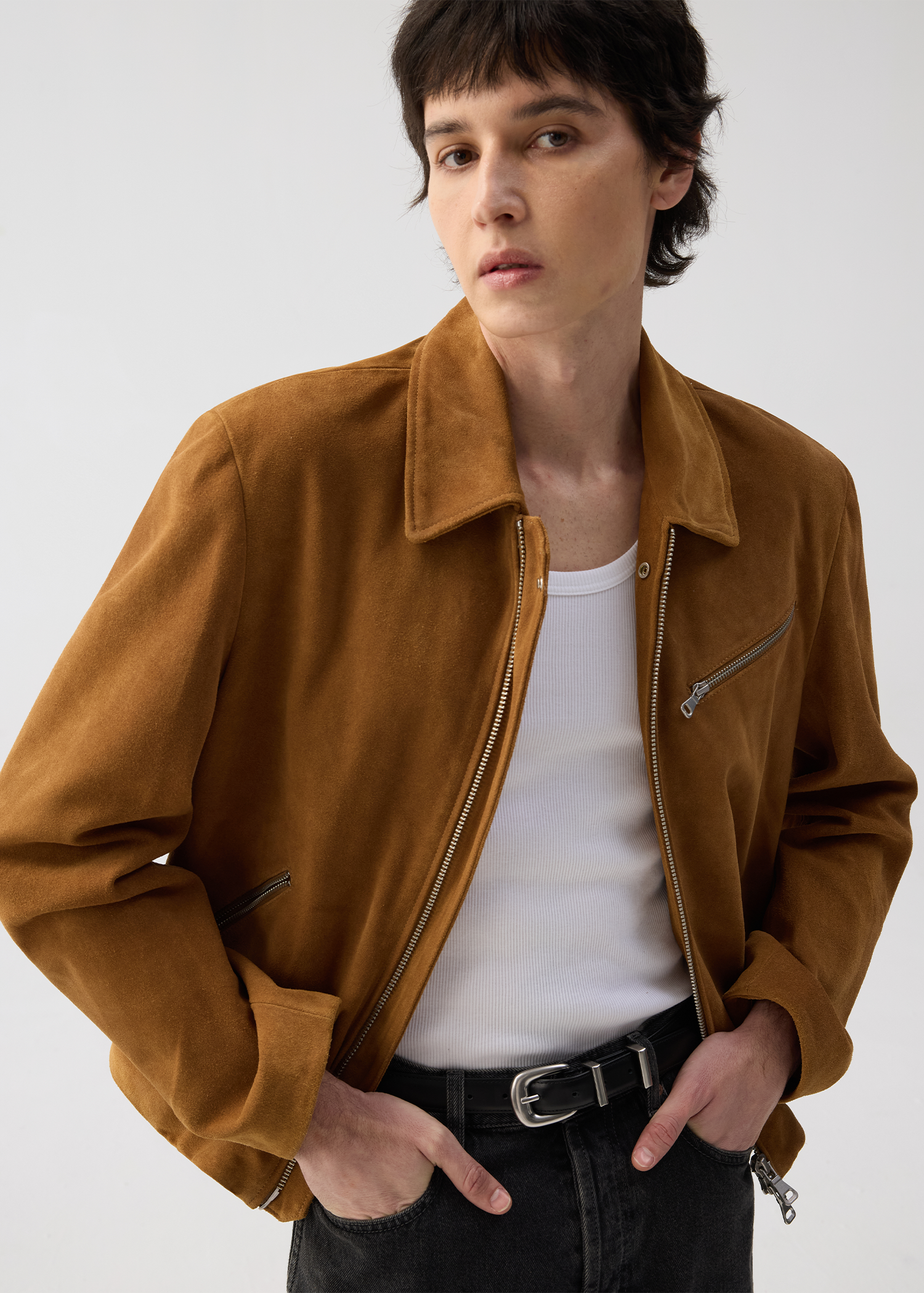 Cowhide Suede Zip-Up Leather Jacket
