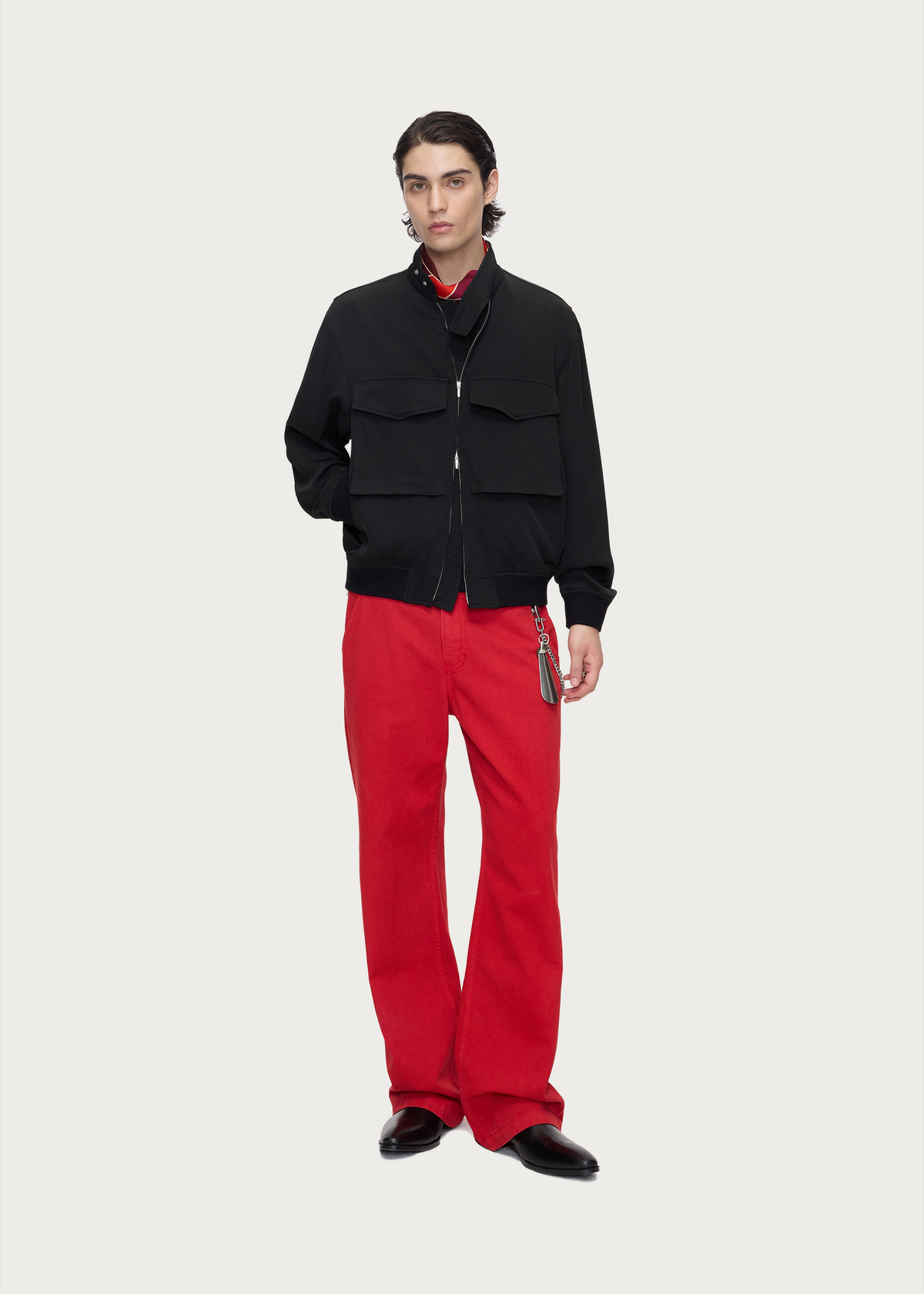 Matte-finish soft-touch straight-leg washed denim utility pants Red