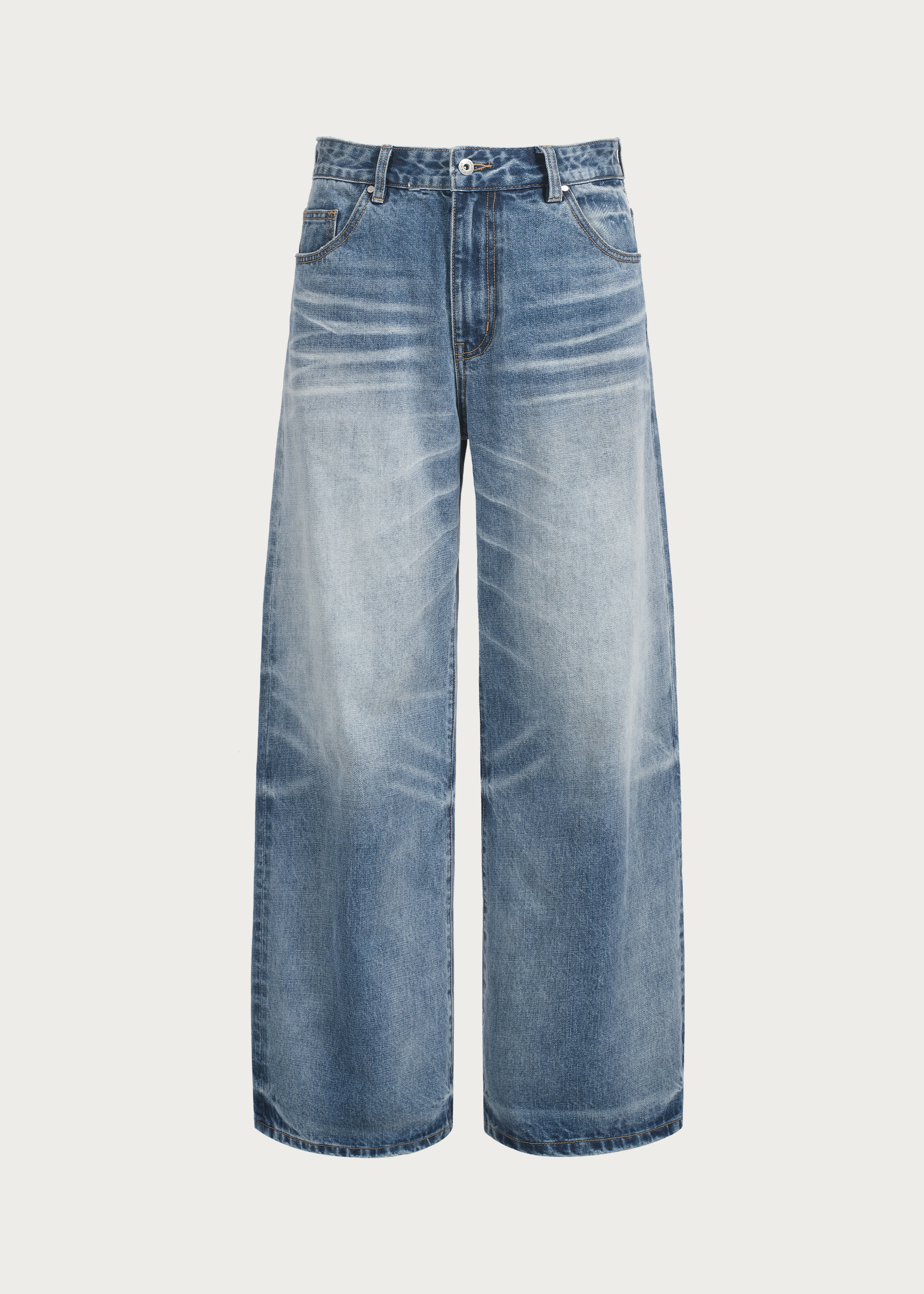Washed Ice-Blue Straight-Leg Jeans with Whiskering