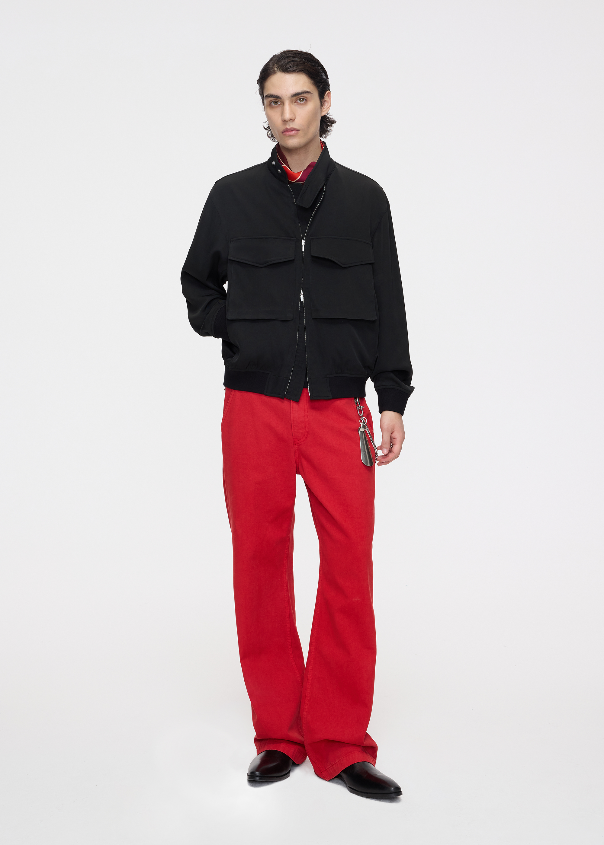 Matte-finish soft-touch straight-leg washed denim utility pants Red
