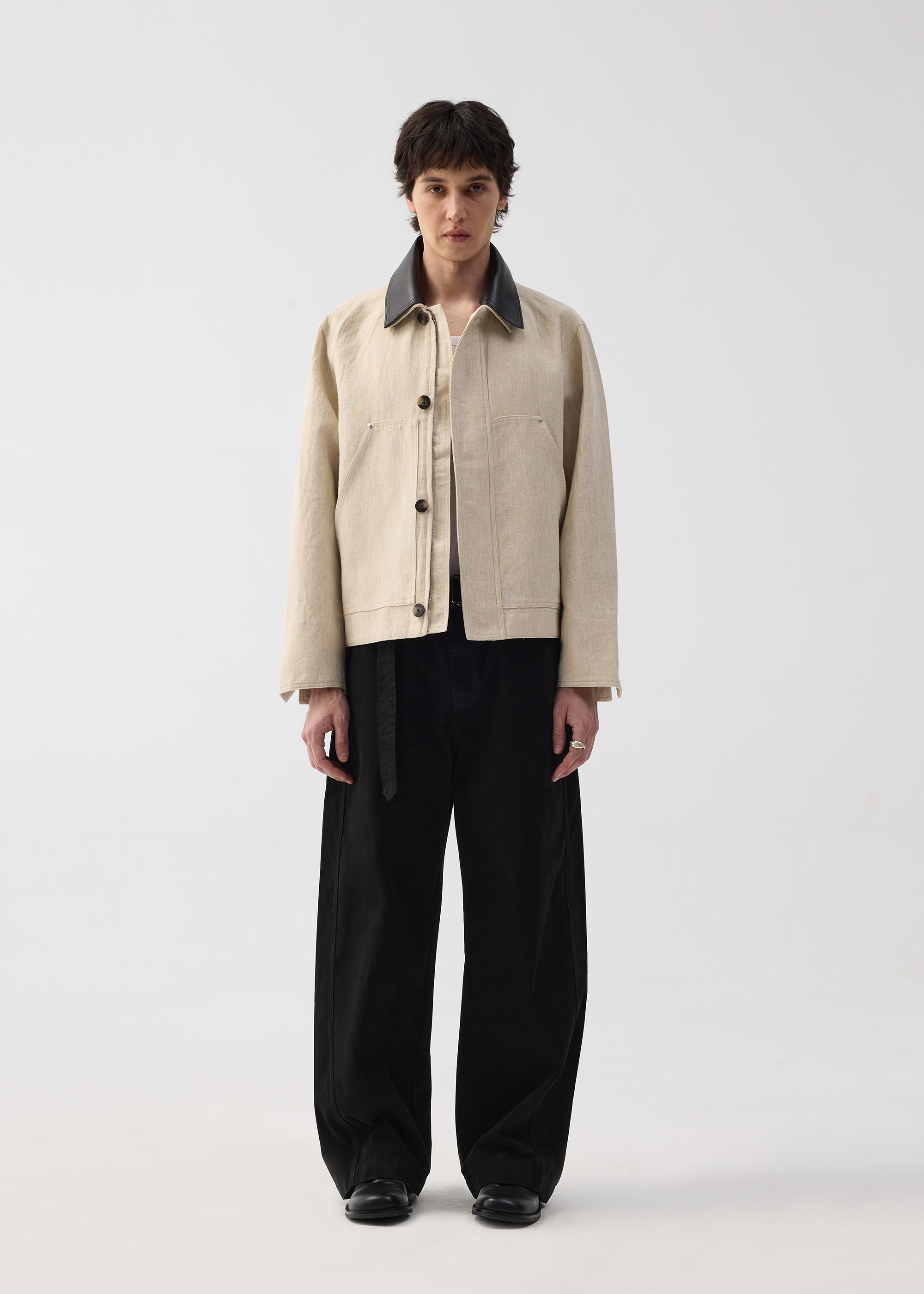 Linen Jacket with Spliced Leather Collar