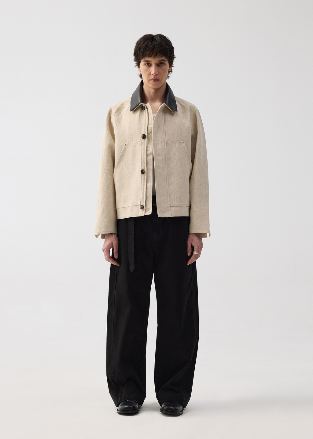 Linen Jacket with Spliced Leather Collar