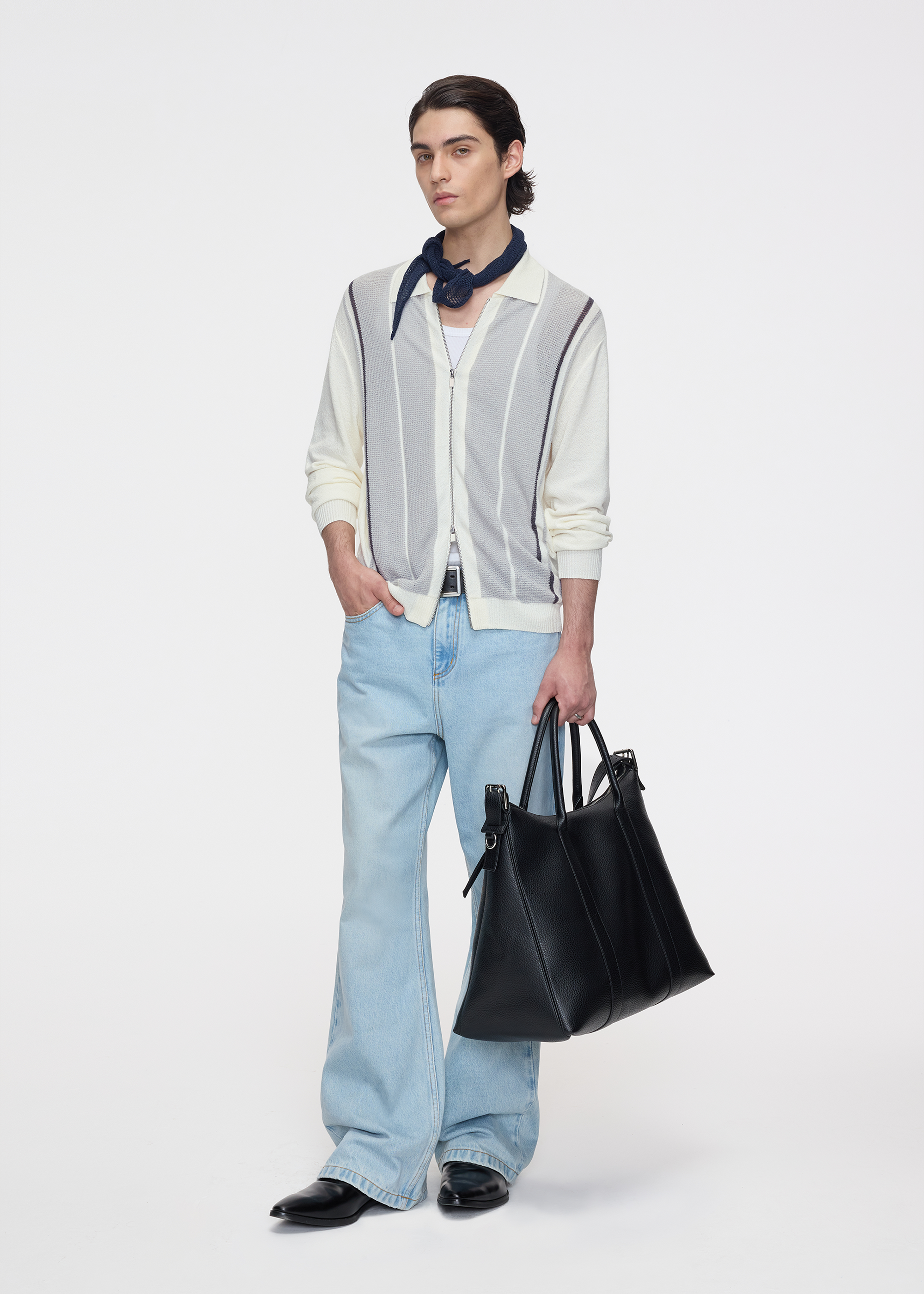 Striped zip-up knit cardigan