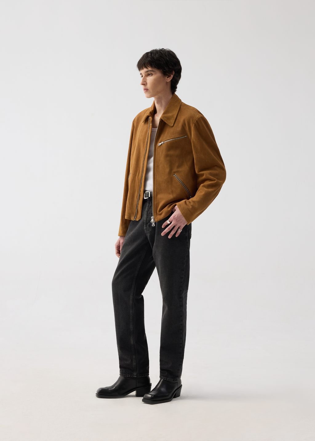 Cowhide Suede Zip-Up Leather Jacket