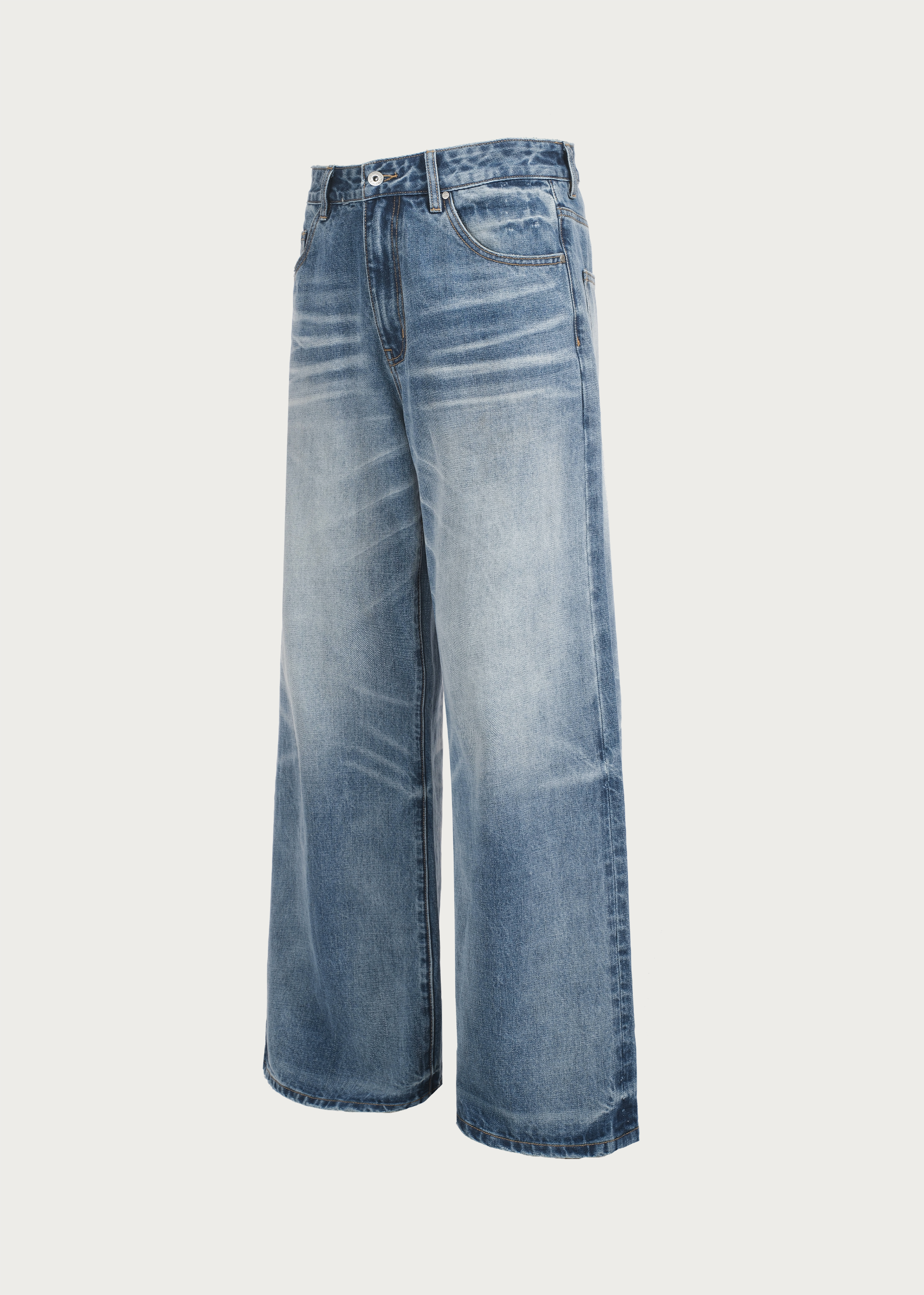 Washed Ice-Blue Straight-Leg Jeans with Whiskering
