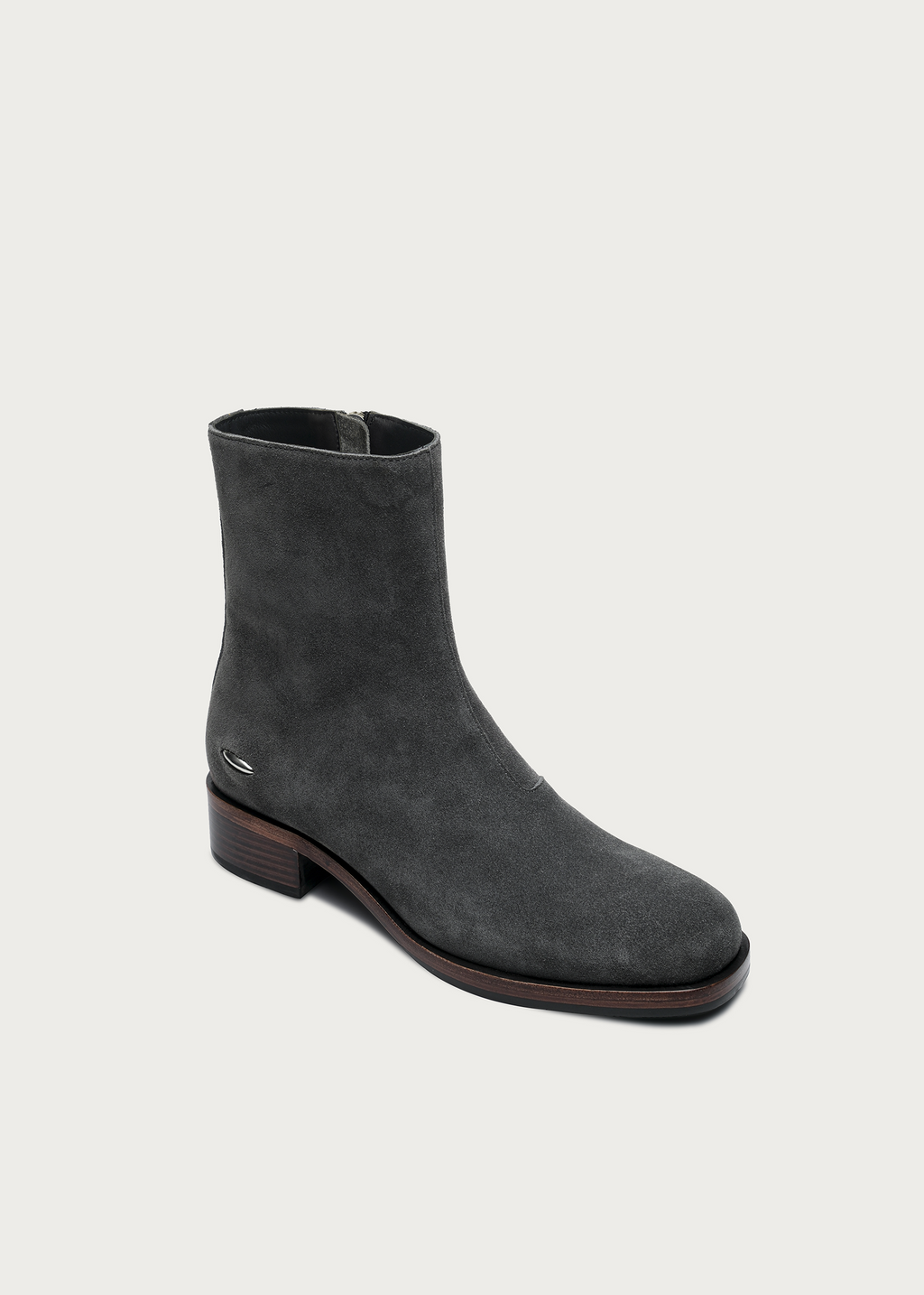 Gray suede ankle boots angled view