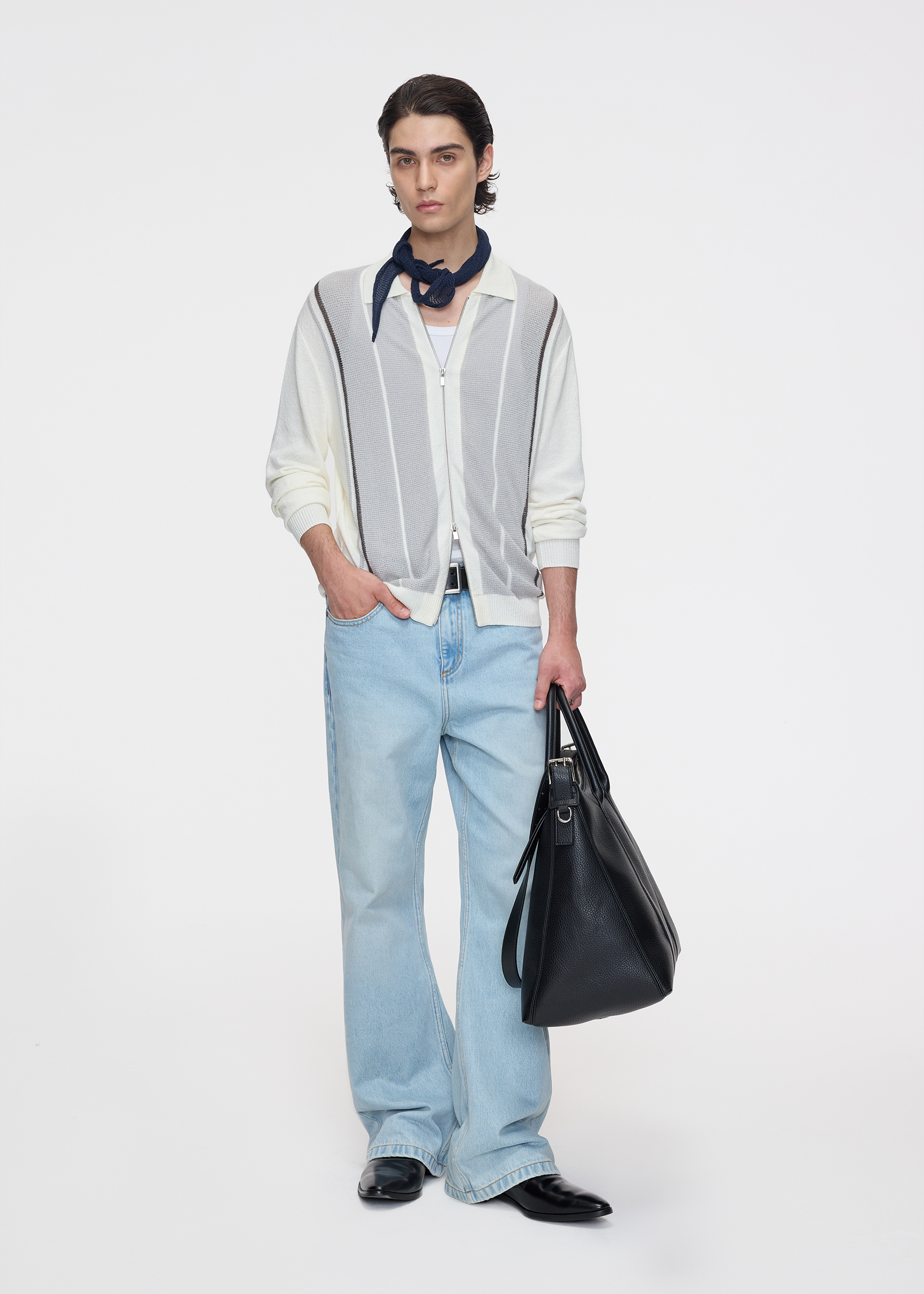 Striped zip-up knit cardigan