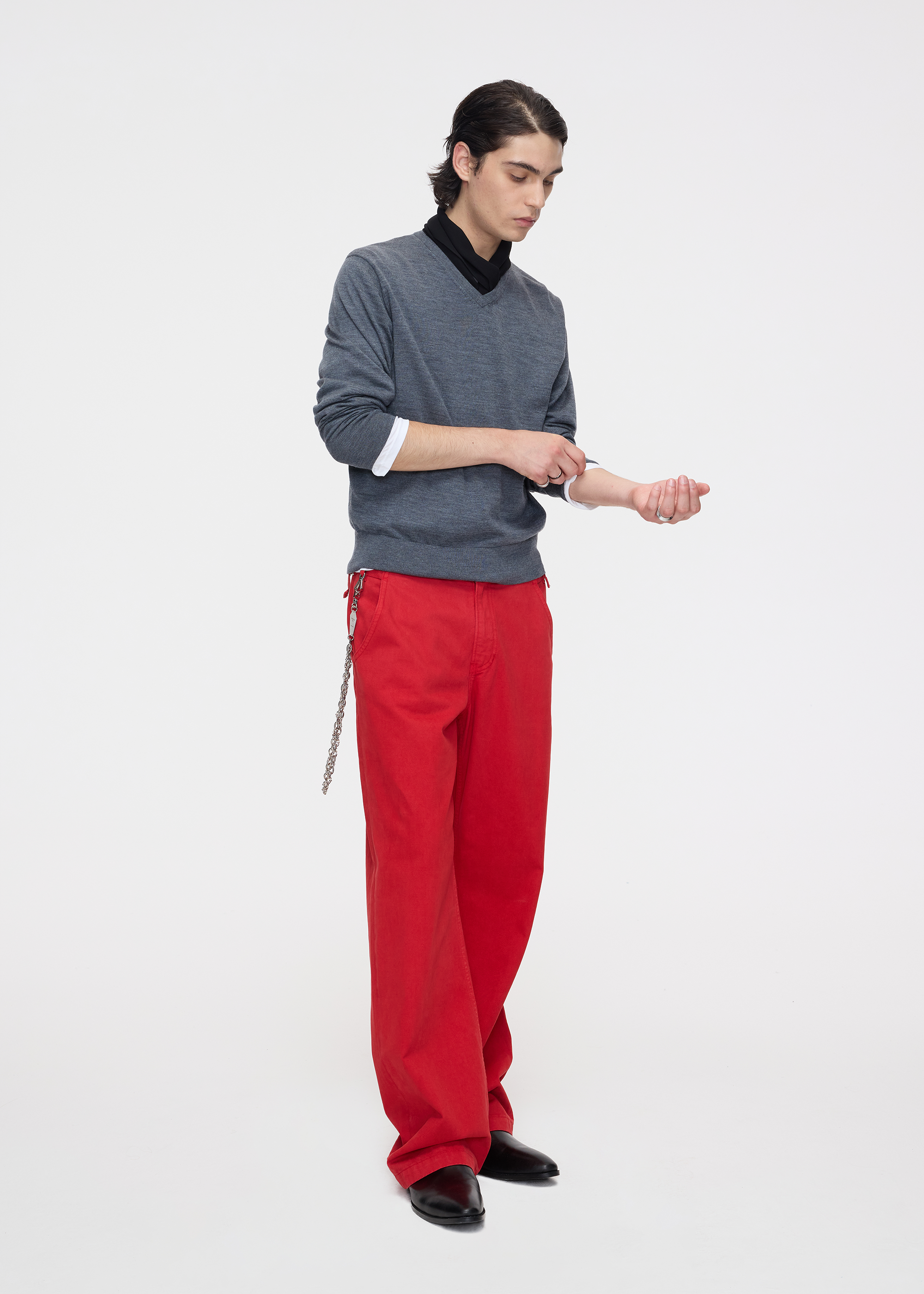 Matte-finish soft-touch straight-leg washed denim utility pants Red