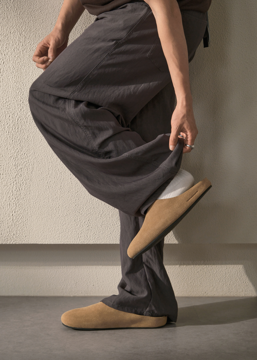 Khaki suede clogs side profile