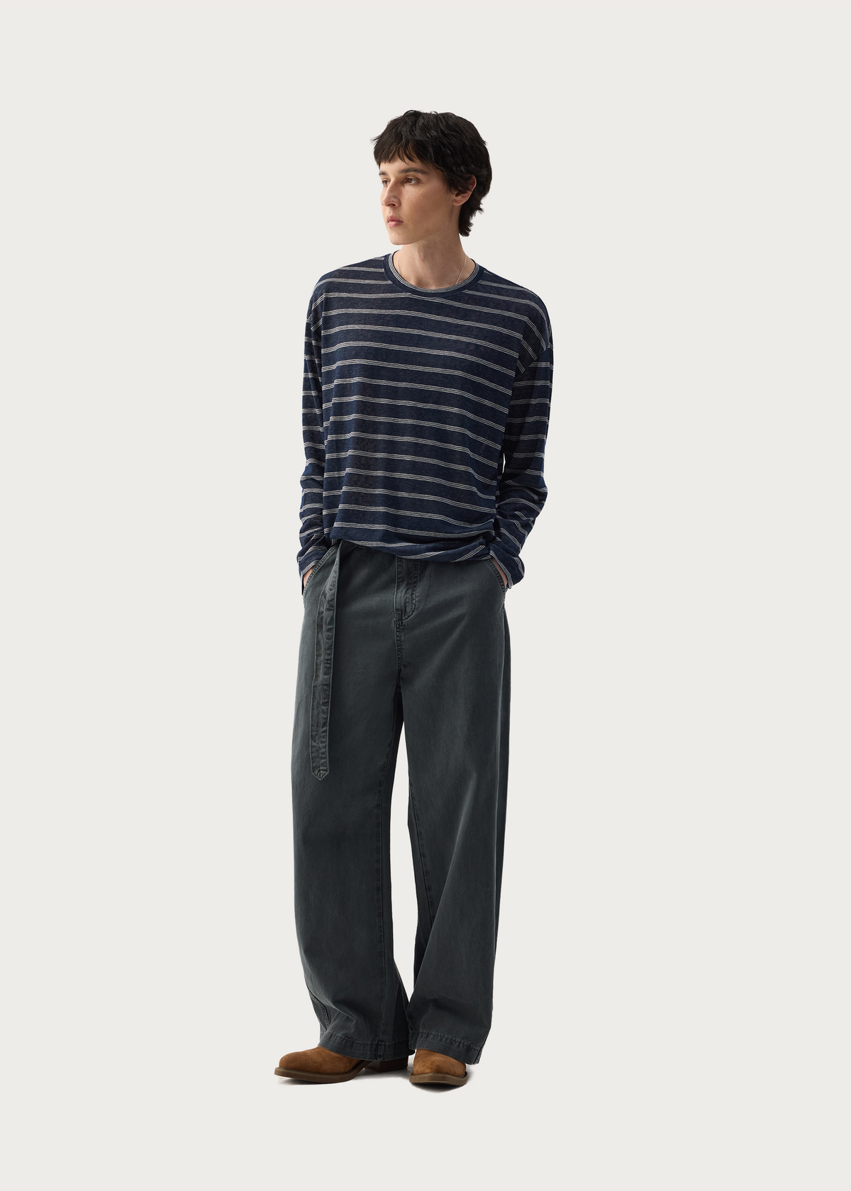 Washed Twill Denim Jeans with Belt Dark Green