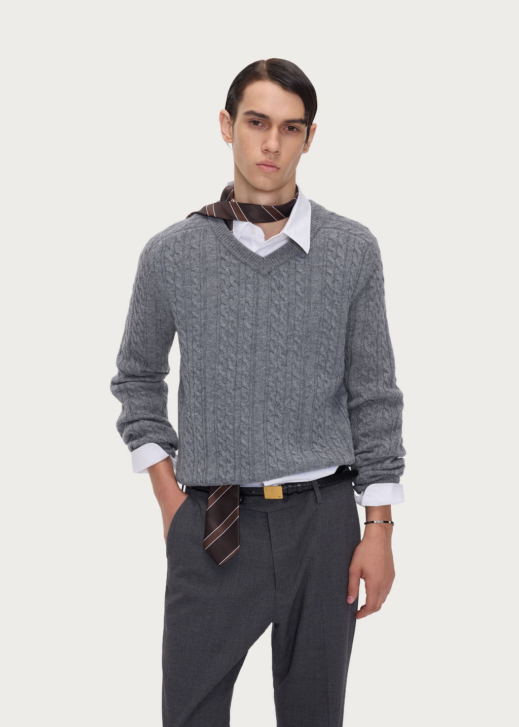 100% Wool Cable-Knit V-Neck Sweater