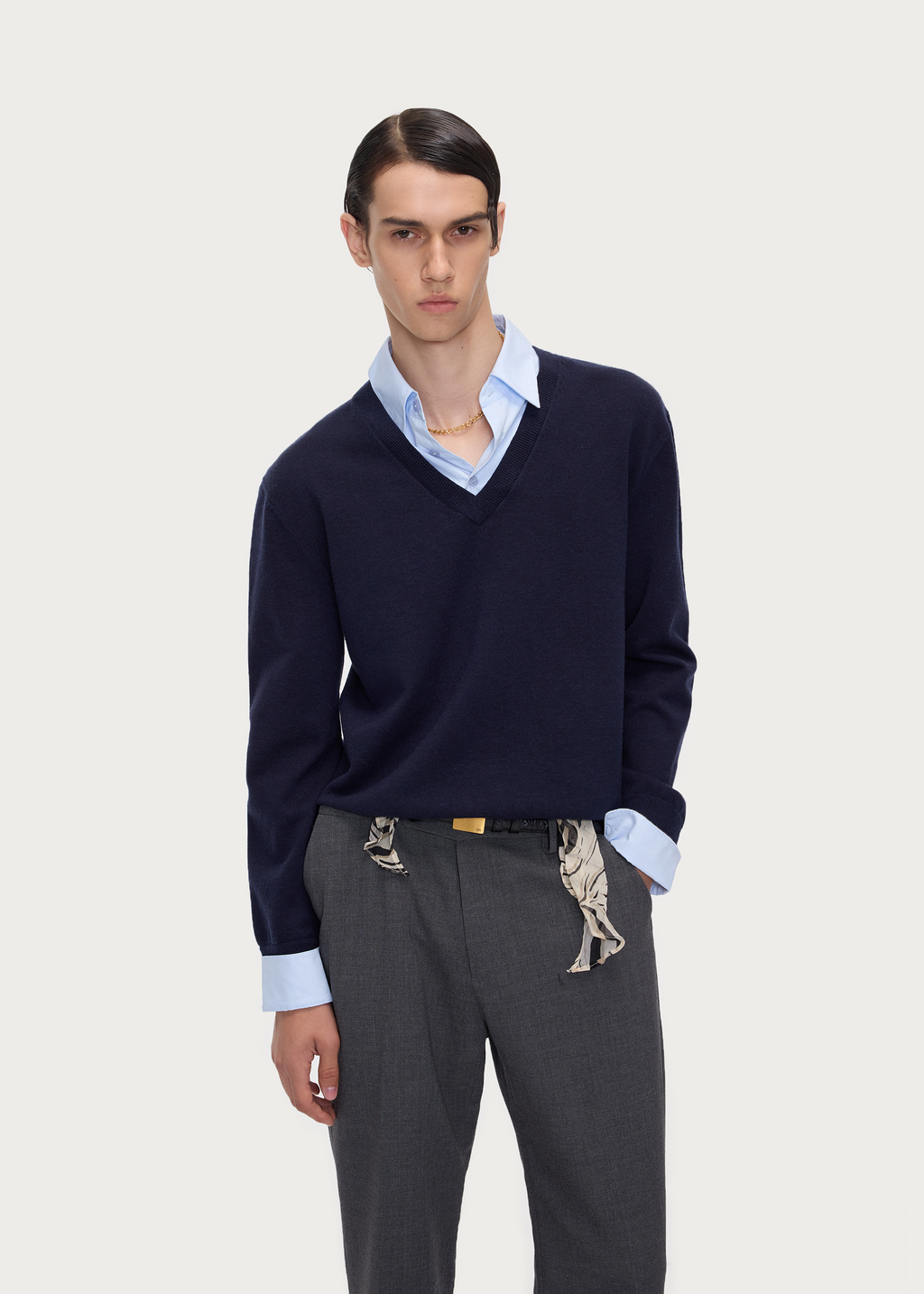 Layered Polo-Collar Knit Sweater Navy / Light Blue