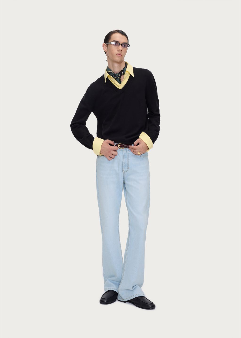 Layered Polo-Collar Knit Sweater Black / Yellow