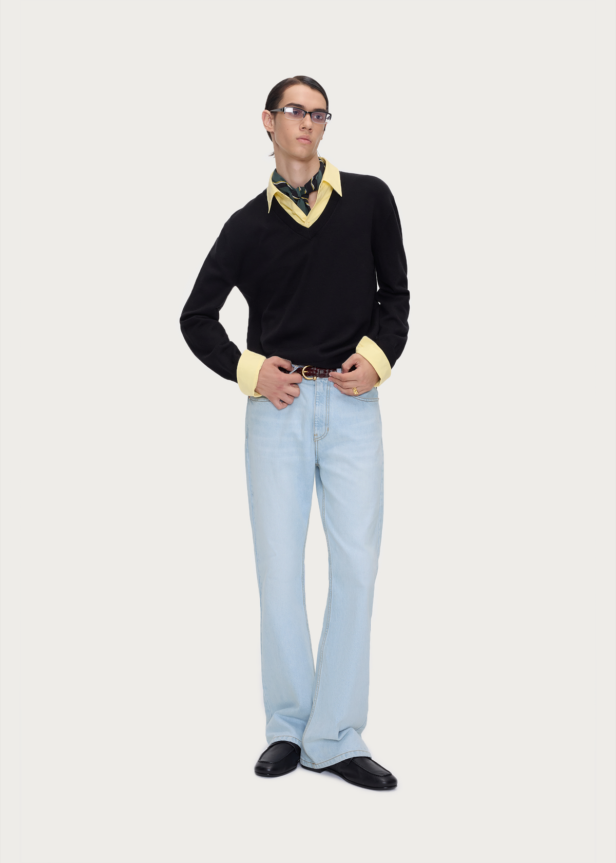 Layered Polo-Collar Knit Sweater Black / Yellow