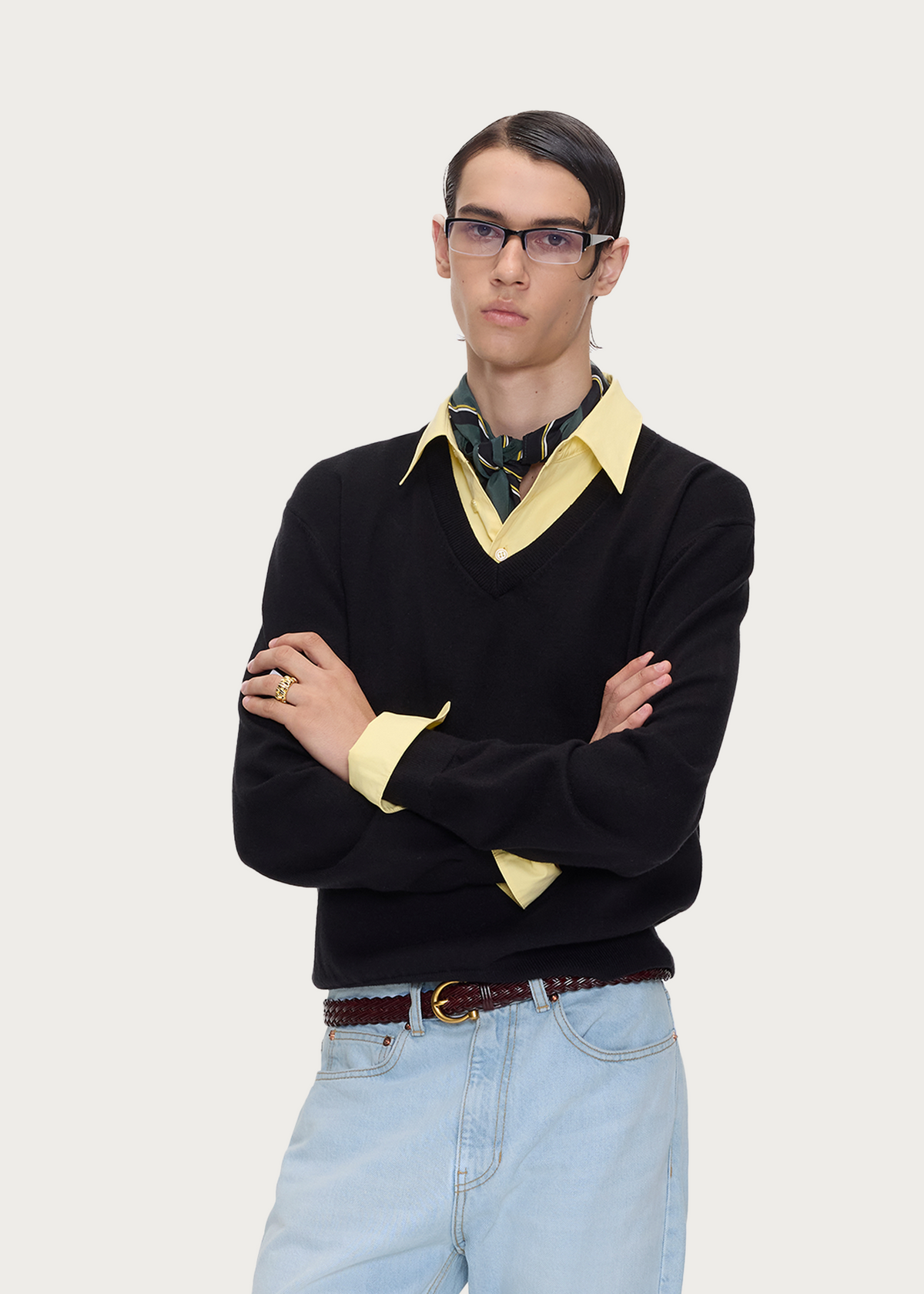 Layered Polo-Collar Knit Sweater Black / Yellow