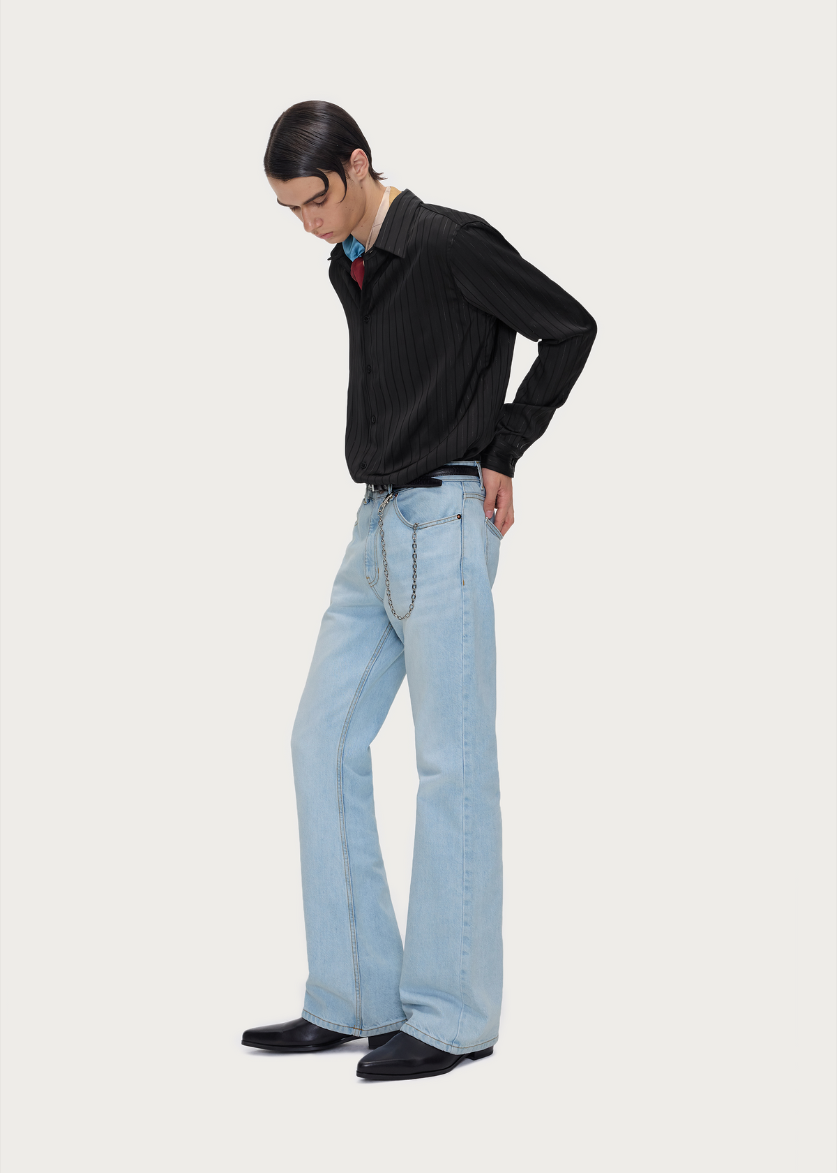 Vintage-Washed Cream Blue Bootcut Jeans