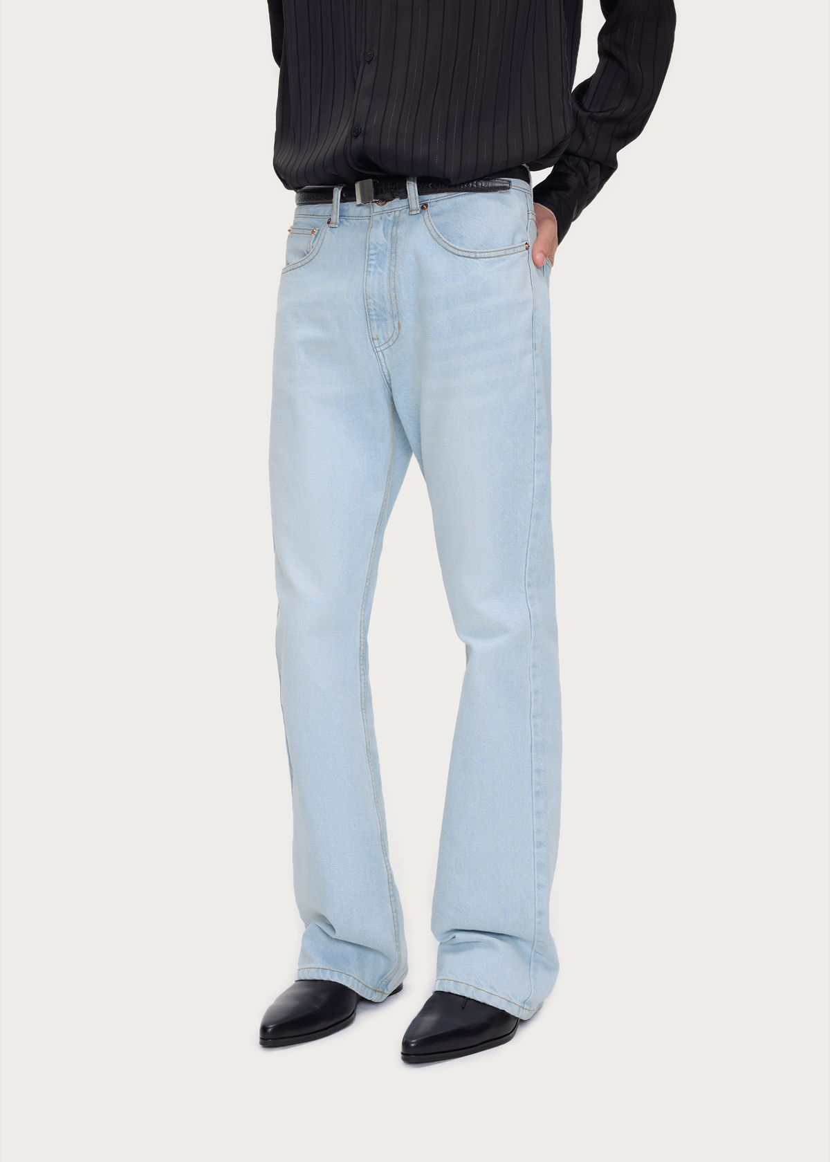 Vintage-Washed Cream Blue Bootcut Jeans