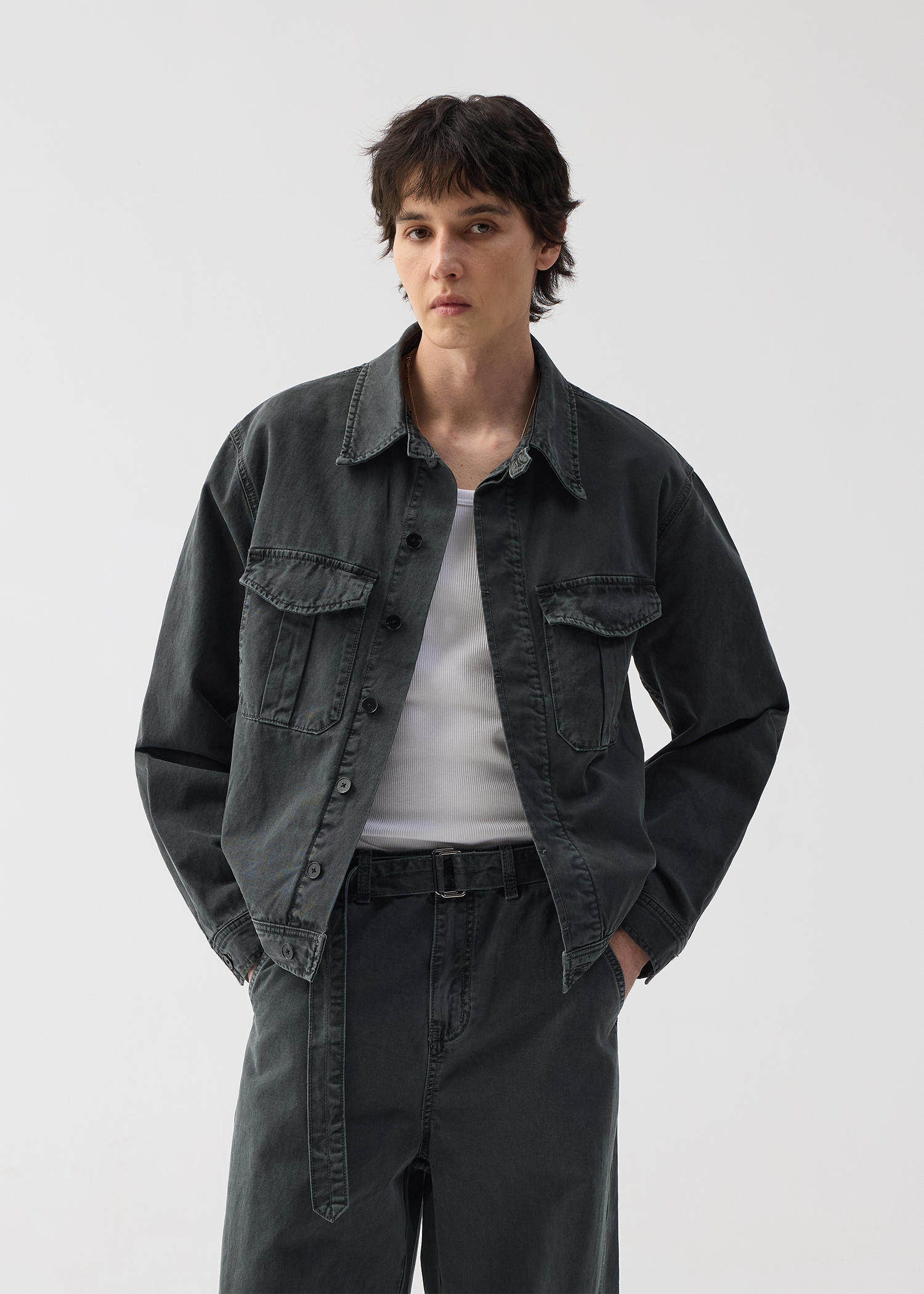 Twill washed denim jacket Gray green