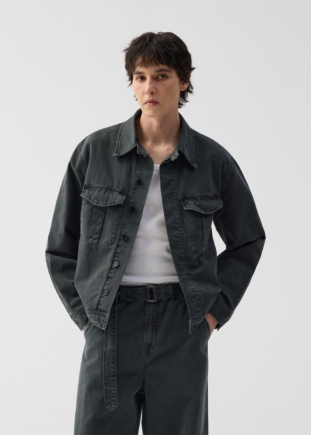 Twill Washed Denim Jacket Gray Green